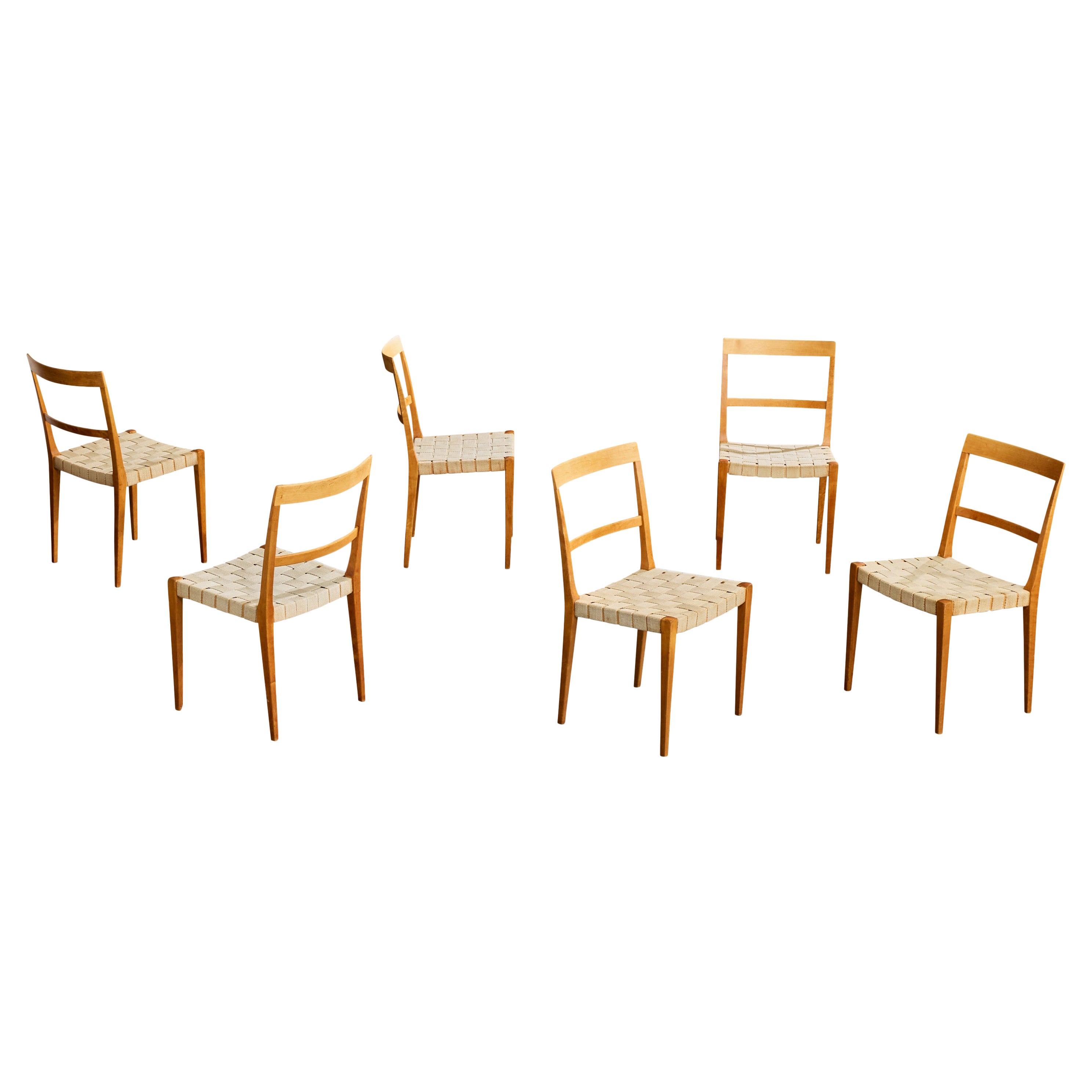 Bruno Mathsson, Dining Room Chairs, Birch, Webbing, Sweden, 1965