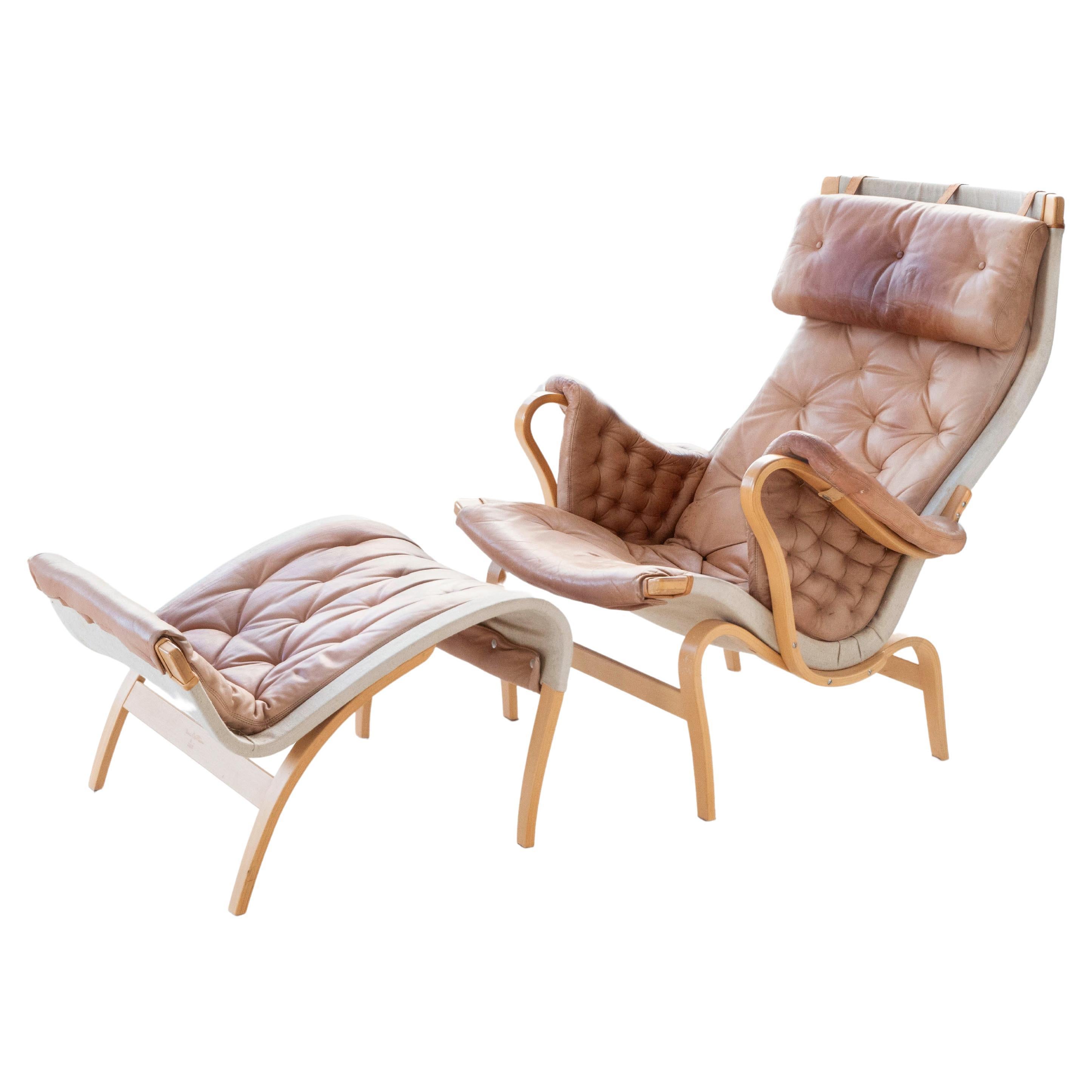 Bruno Mathsson Dux "Pernilla" Lounge Chair & Ottoman in Leather, Pair Available