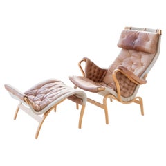 Vintage Bruno Mathsson Dux "Pernilla" Lounge Chair & Ottoman in Leather, Pair Available
