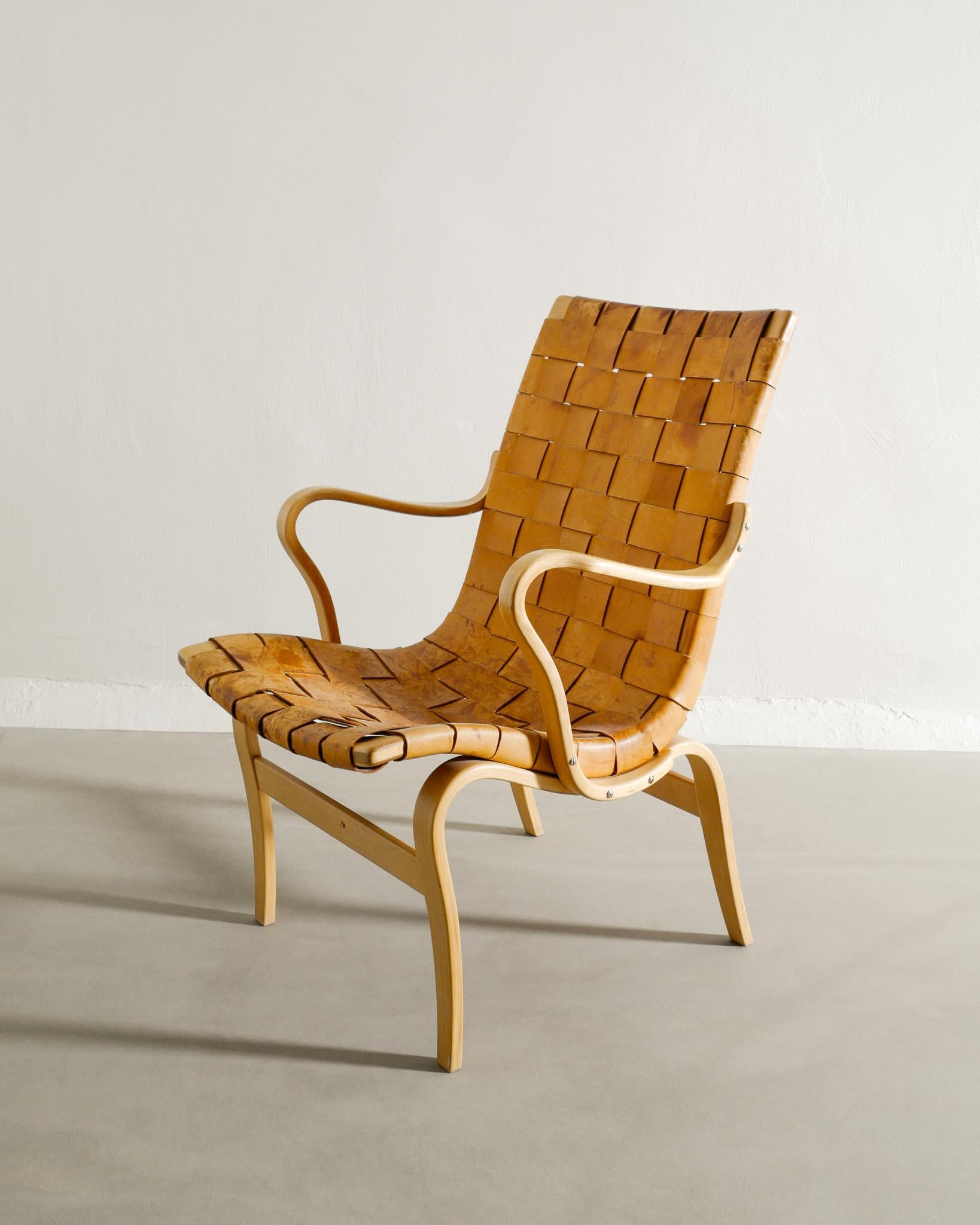 Sessel „Eva“ von Bruno Mathsson aus Holz und Leder, hergestellt in Schweden, 1970er Jahre im Angebot 1