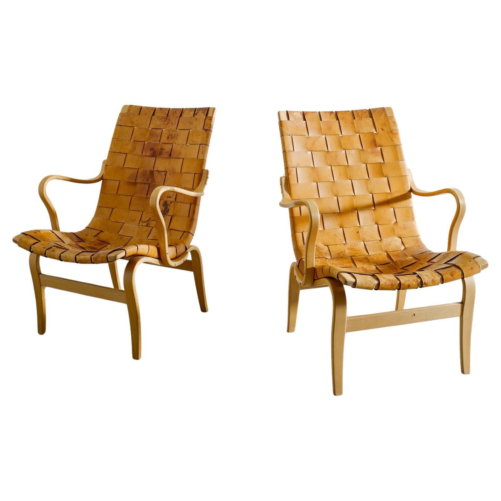 Bruno Mathsson "Eva" Arm Easy Chairs in Wood & Leather Produced in Sweden, 1970s For Sale