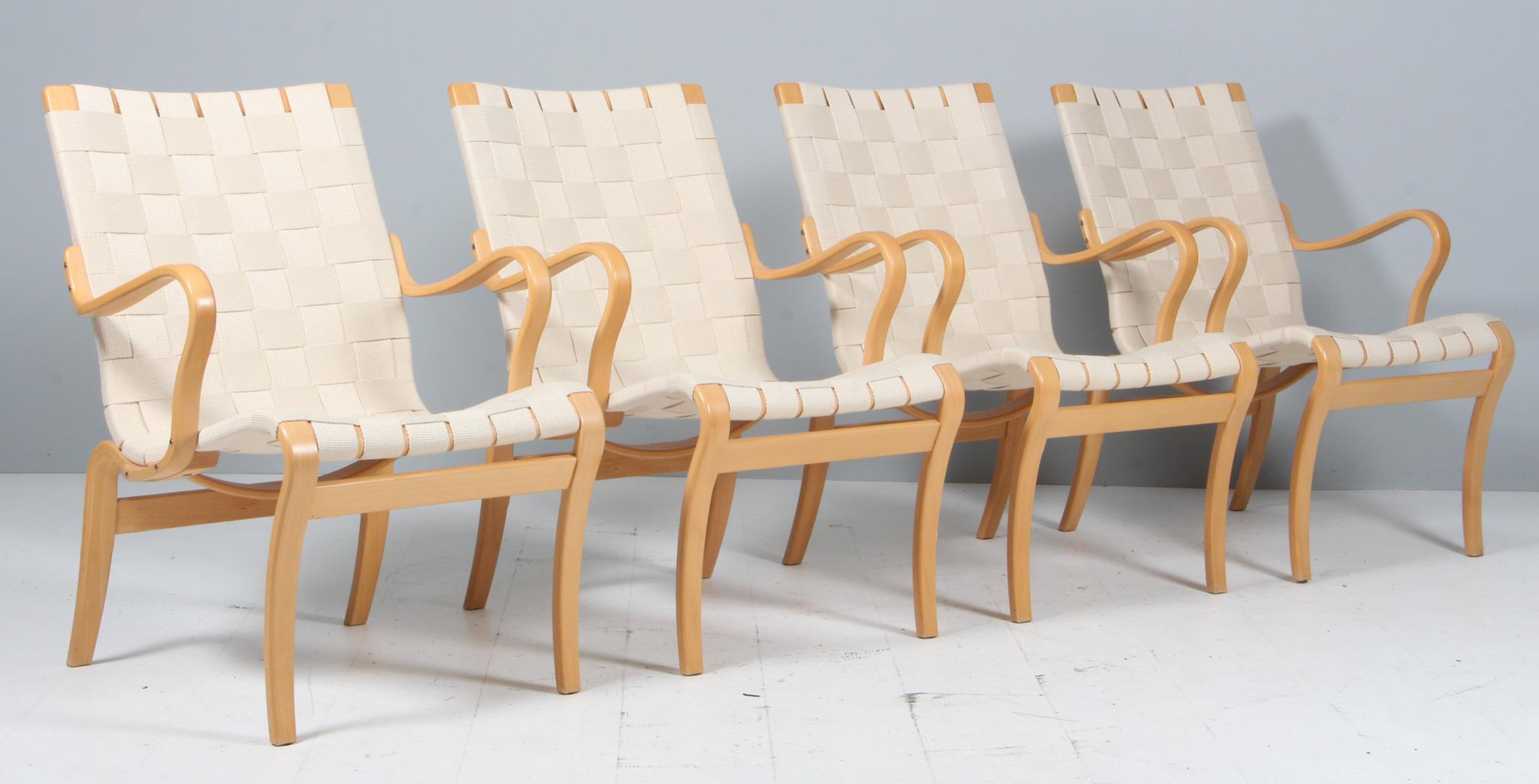 Bruno Mathsson Eva lounge chairs with webbing.

Frame in beech.

Made by Dux. 

Price per chair