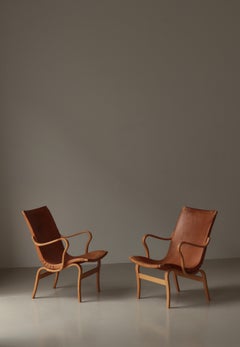 Bruno Mathsson "Eva" Lounge Chairs in Saddle Leather, Scandinavian Modern, 1970s
