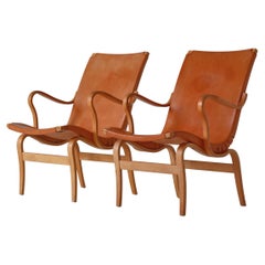 Bruno Mathsson "Eva" Lounge Chairs in Saddle Leather, Scandinavian Modern, 1970s