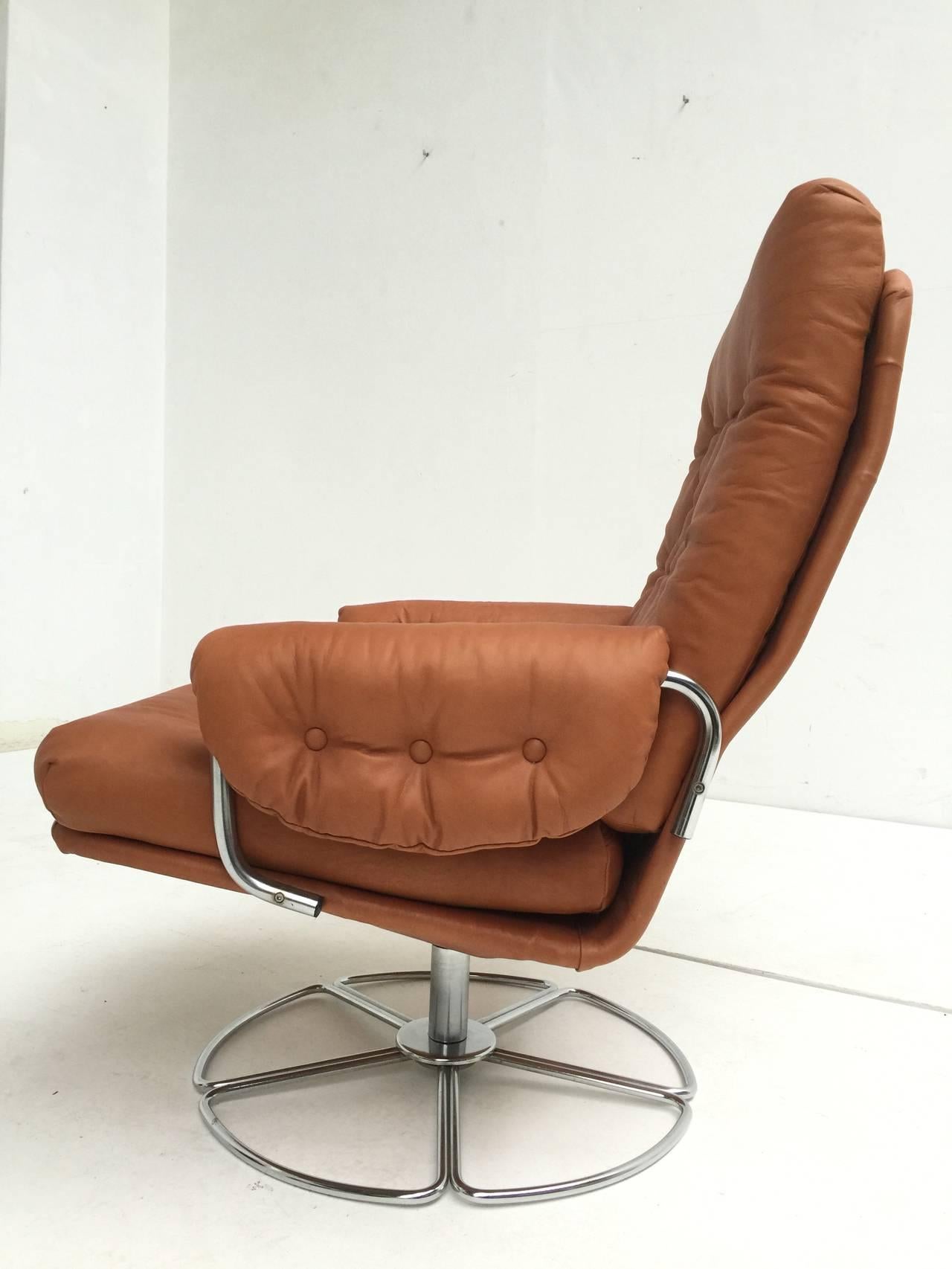 Swedish Bruno Mathsson Leather and Chrome Swivel Easy Chair for Dux Sweden
