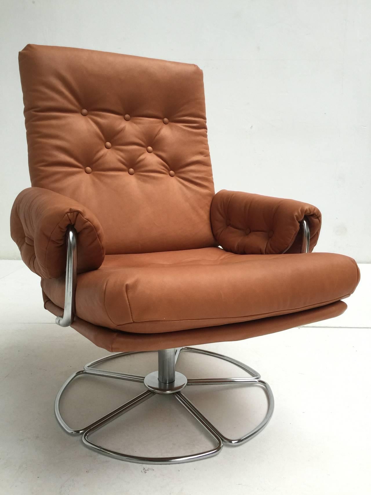 Bruno Mathsson Leather and Chrome Swivel Easy Chair for Dux Sweden 1