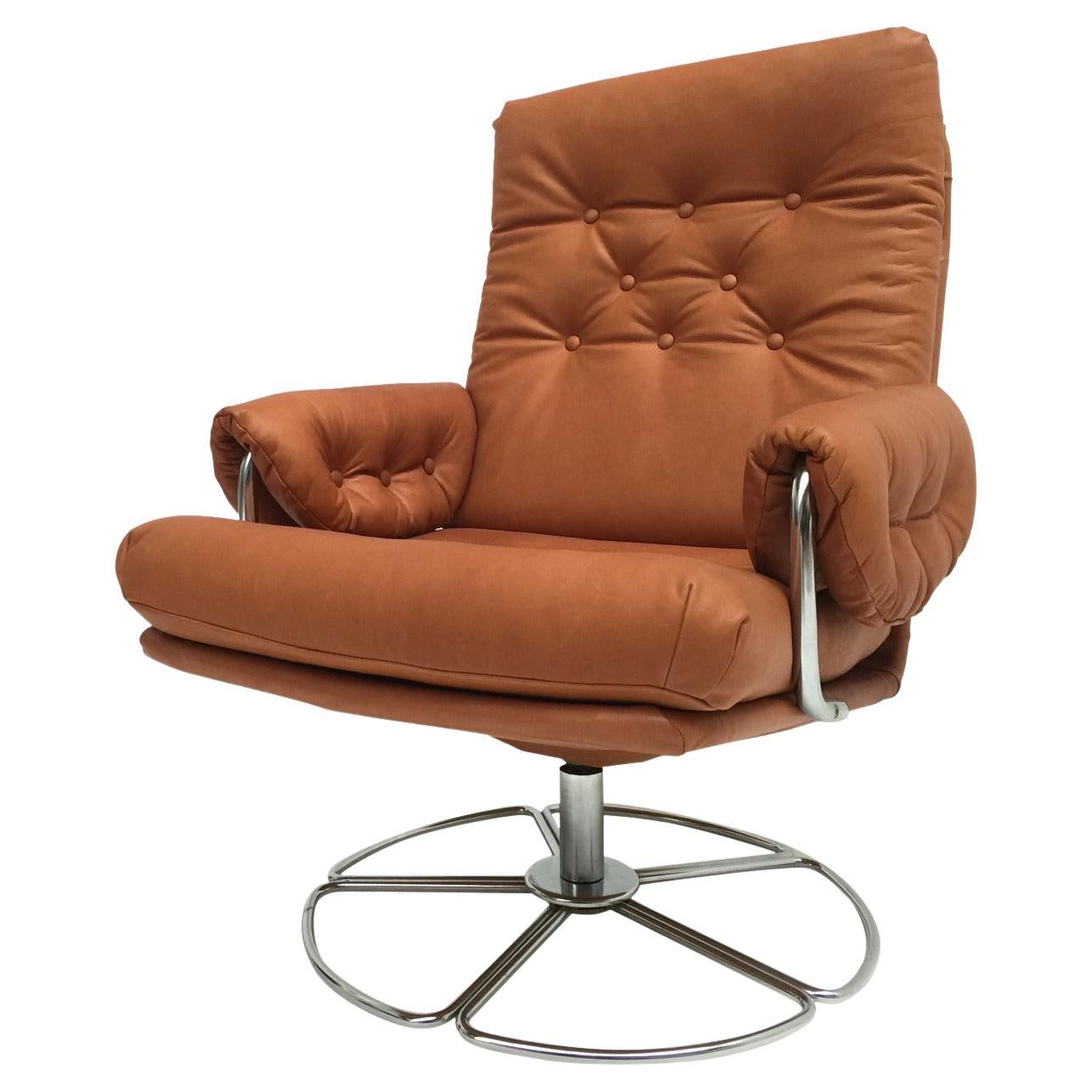 Bruno Mathsson Leather and Chrome Swivel Easy Chair for Dux Sweden