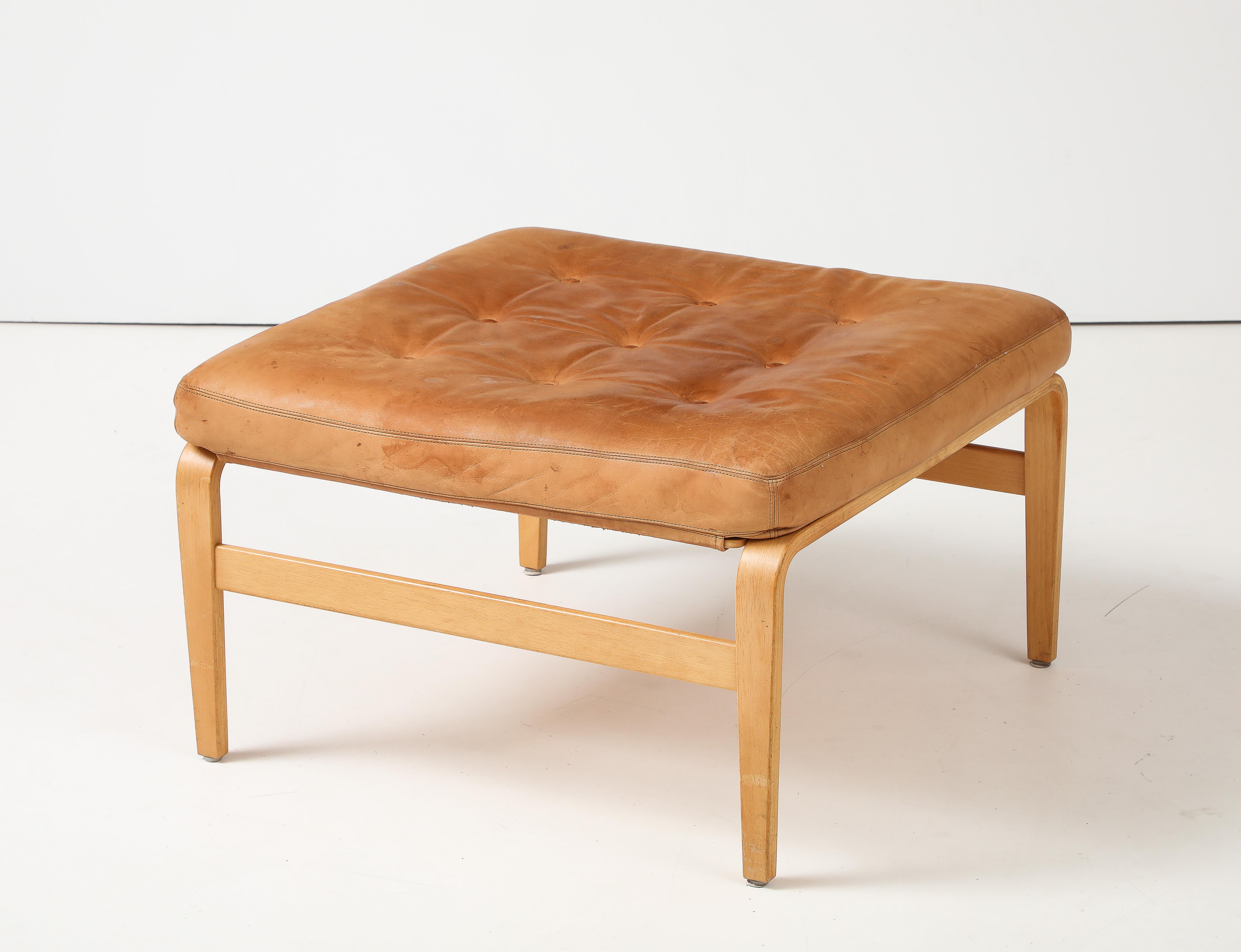 
Bruno Mathsson Leather Chair & Ottoman, Dux, Sweden, c. 1960

Beech, Leather

Ottoman:	H: 15.75 W: 26.75. D: 25.5 in.

Chair also available: 

Chair:   	H: 34.5 W: 29.5 in.  Seat: 17.75 in.