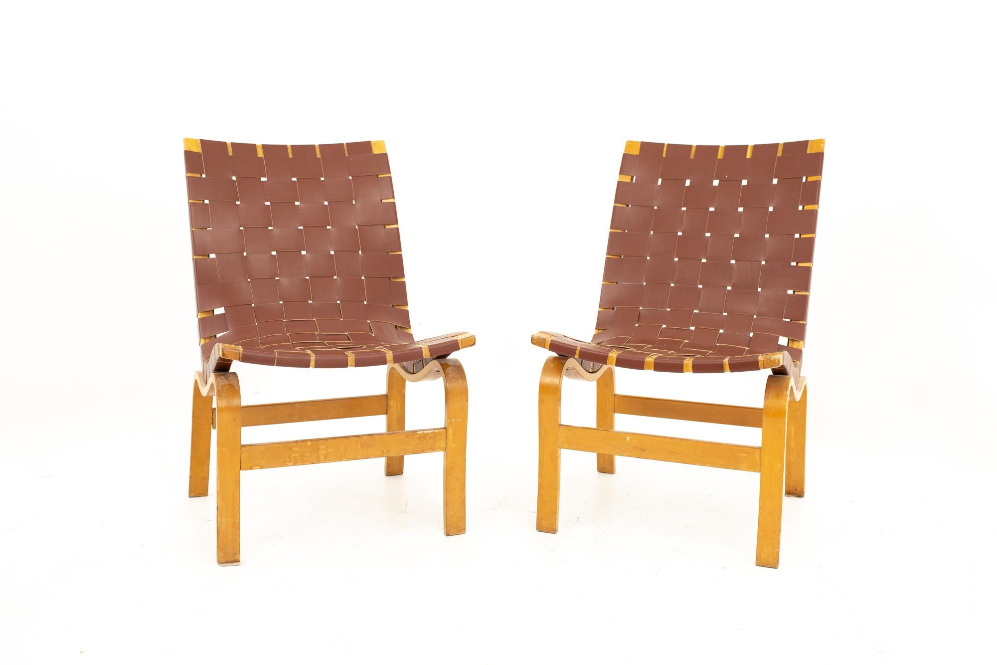 Bruno Mathsson Model 41 Eva Mid Century lounge chairs, pair
Each chair measures: 16.5 wide x 27 deep x 32 high with seat height of 17.5 inches

All pieces of furniture can be had in what we call restored vintage condition. This means the piece is