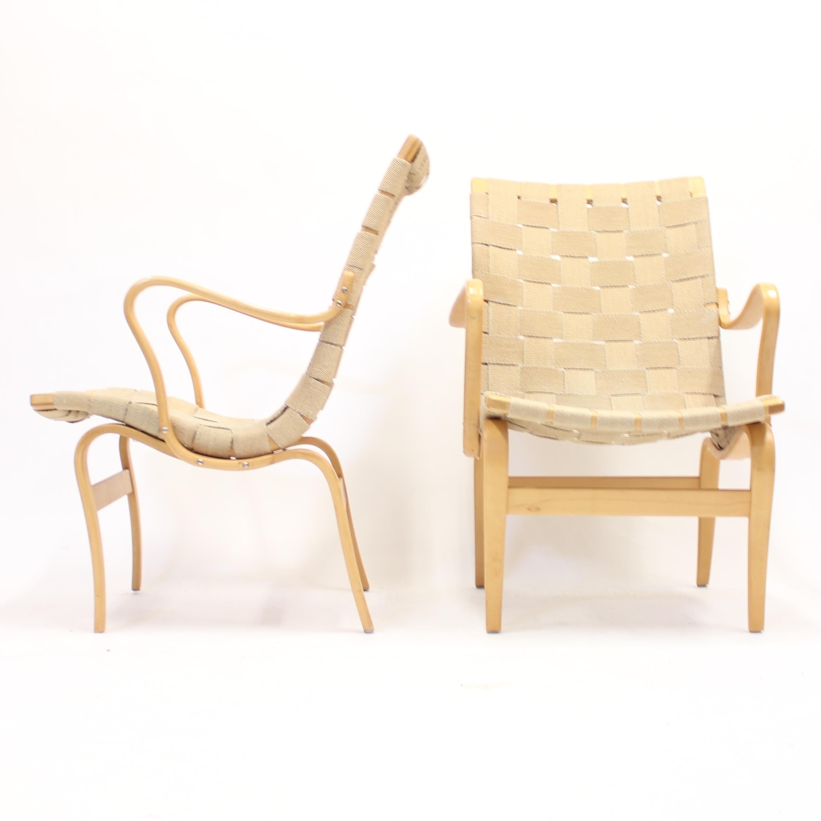 Linen Bruno Mathsson, Pair of Early Eva Chairs, 1950s