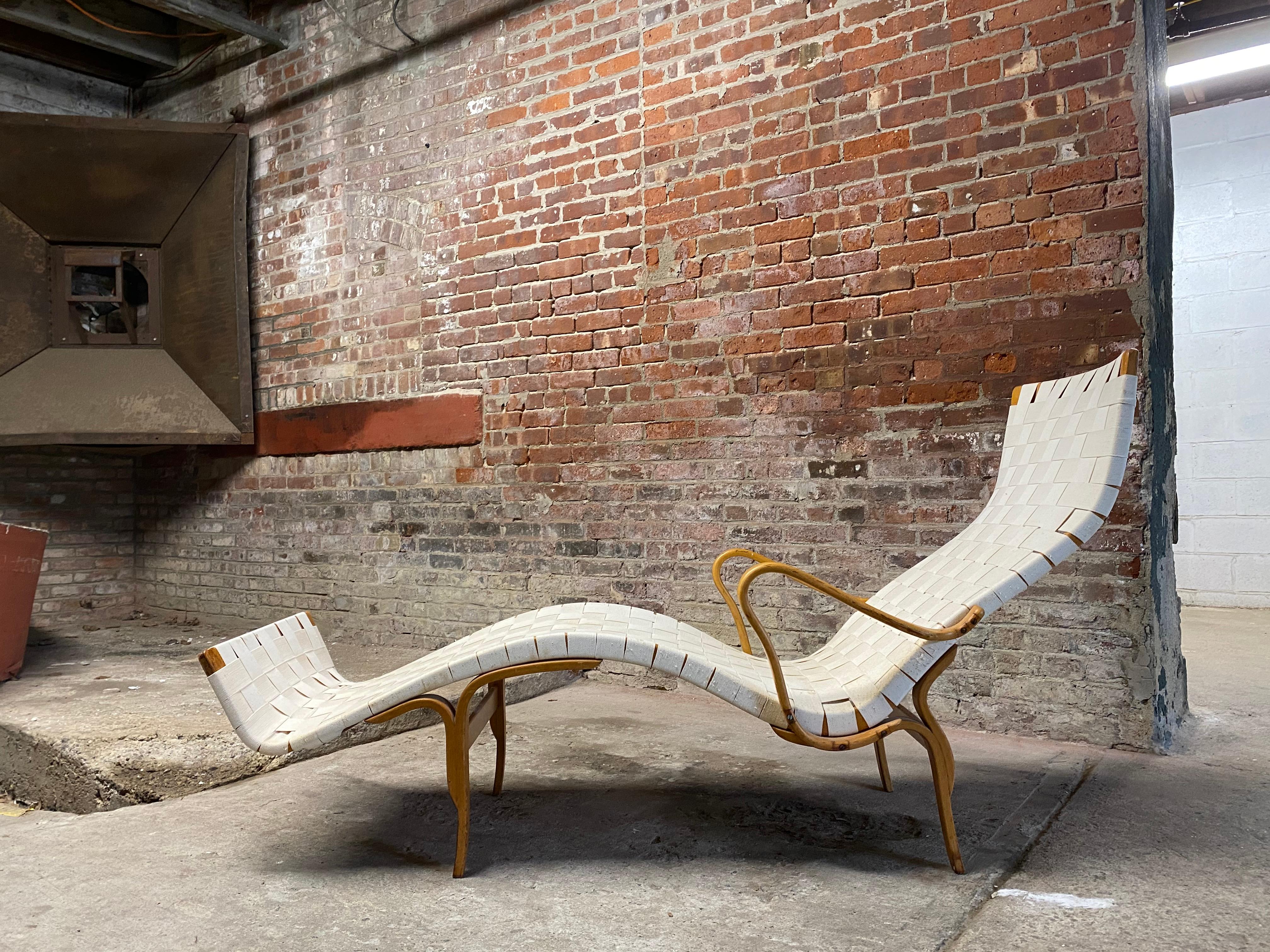 Bruno Mathsson for Karl Mathsson , Varnamo, Sweden bentwood Pernilla 3/ T-108 Lounge chair. Lyrical, elegant and lightweight Bruno Mathsson design. Purchased from the original owner in the late 1960s. Still retains both paper labels on the