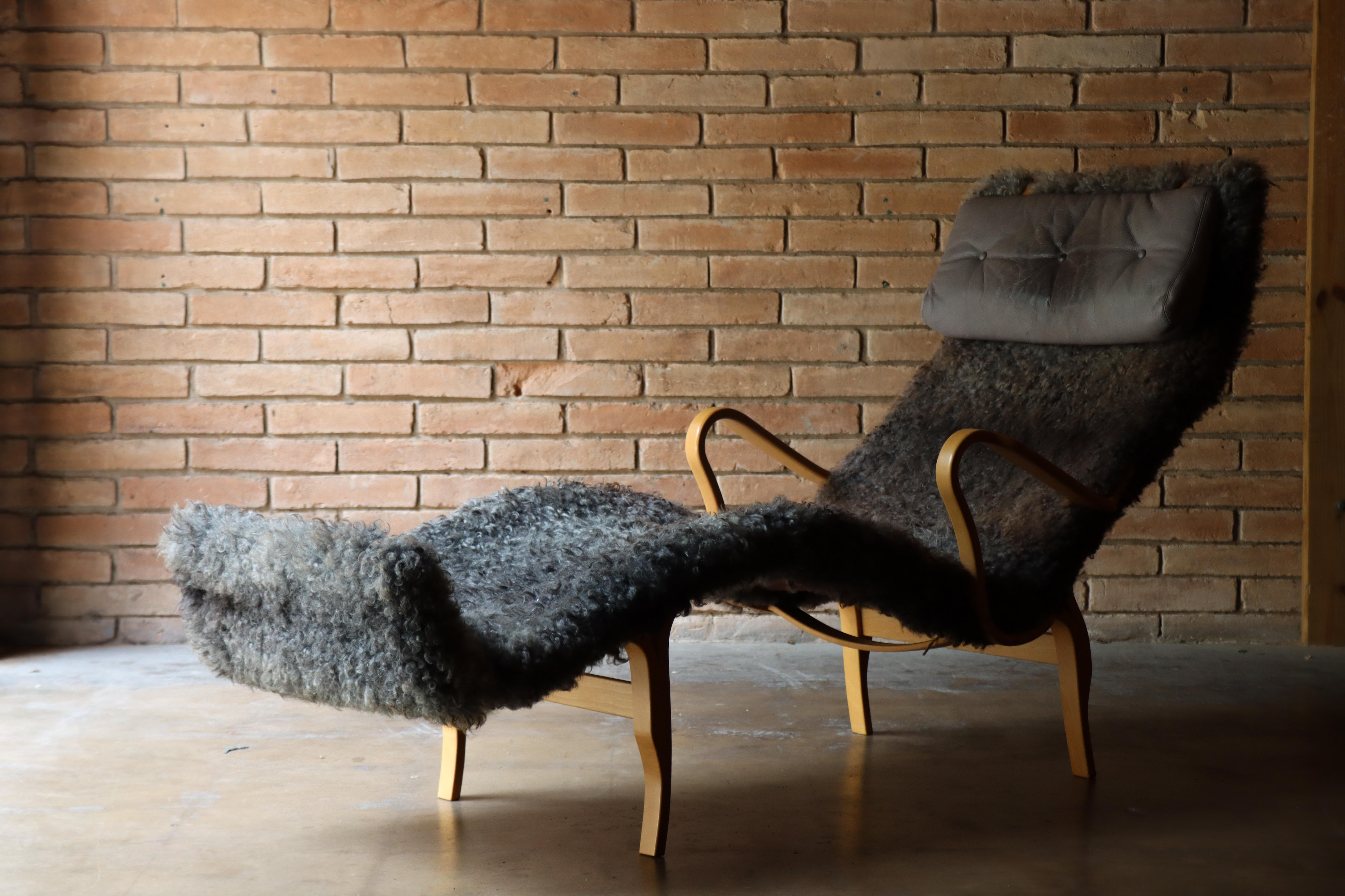 Bruno Mathsson 'Pernilla 3' Chaise Lounge, Dux of Sweden, Schafwolle/Leder im Angebot 4