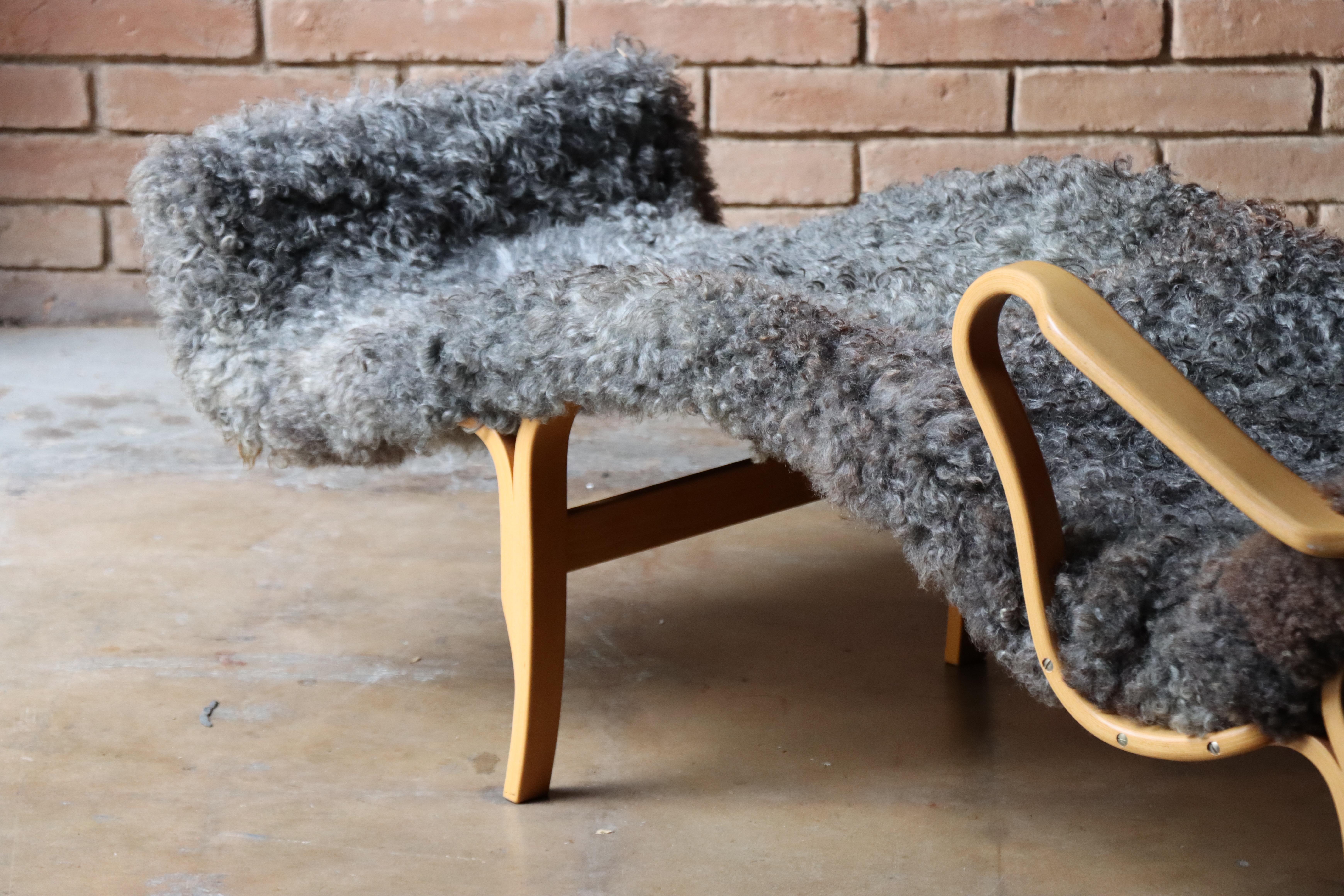 Bruno Mathsson 'Pernilla 3' Chaise Lounge, Dux of Sweden, Schafwolle/Leder im Angebot 5
