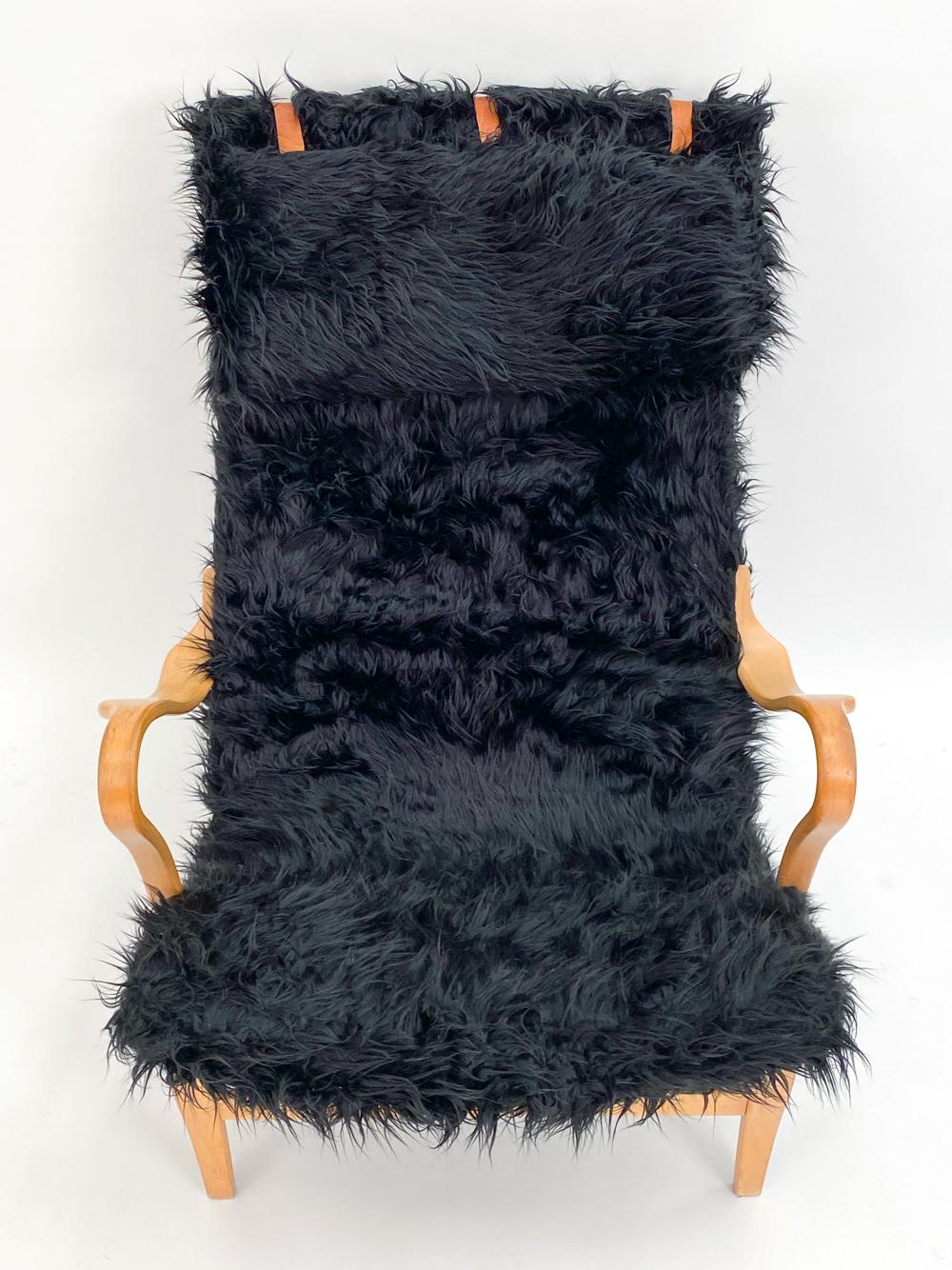 Fabric Bruno Mathsson 'Pernilla' Beech Lounge Chair with Ottoman For Sale