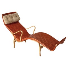 Vintage Bruno Mathsson "Pernilla" Chaise Longue Chair in Patinated Saddle Leather, 1964