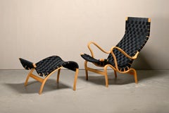 Bruno Mathsson Pernilla Easy Chair and Ottoman in Beech Wood and Black Straps