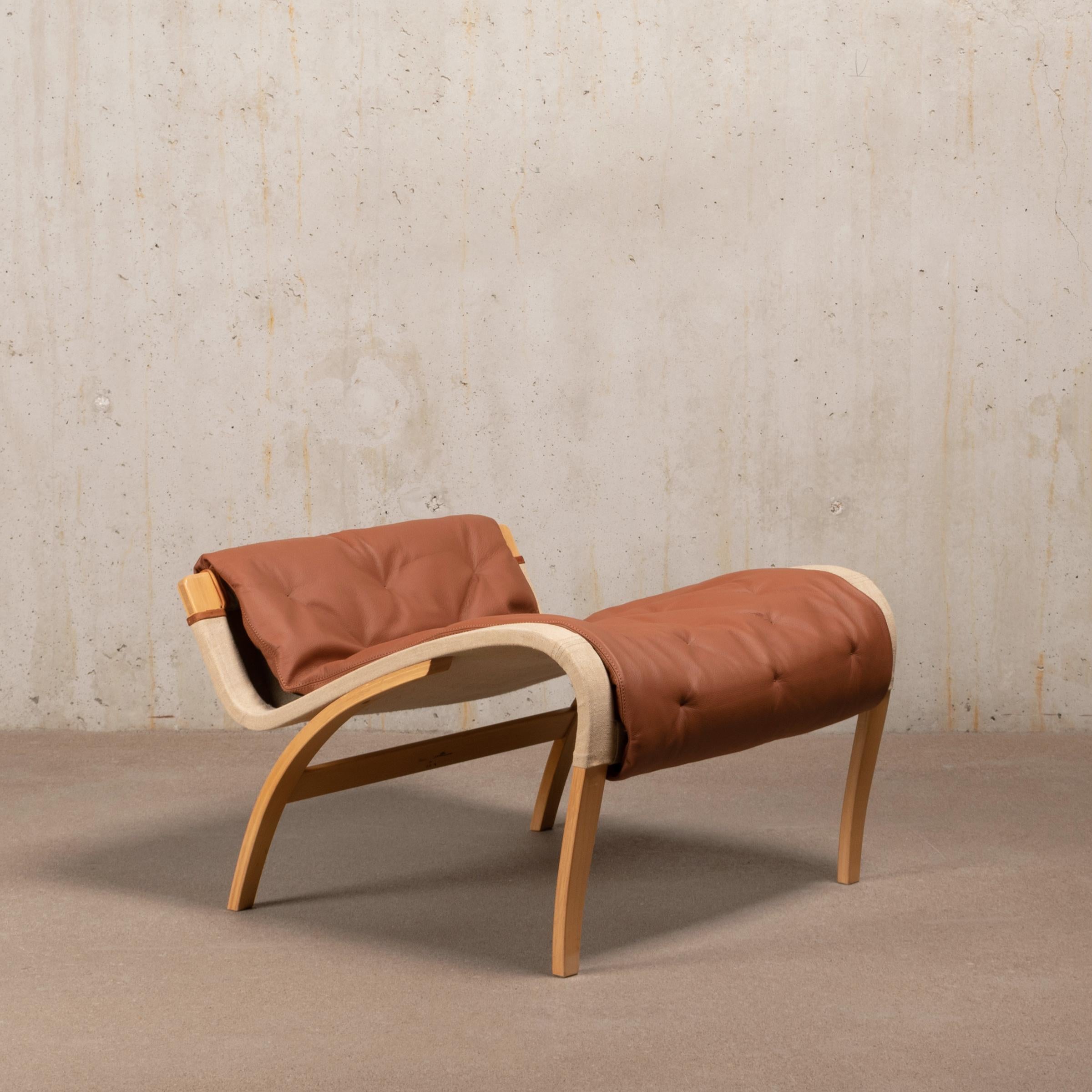 Bruno Mathsson Pernilla Easy Chair and Ottoman in Beech Wood and Brown Leather 3