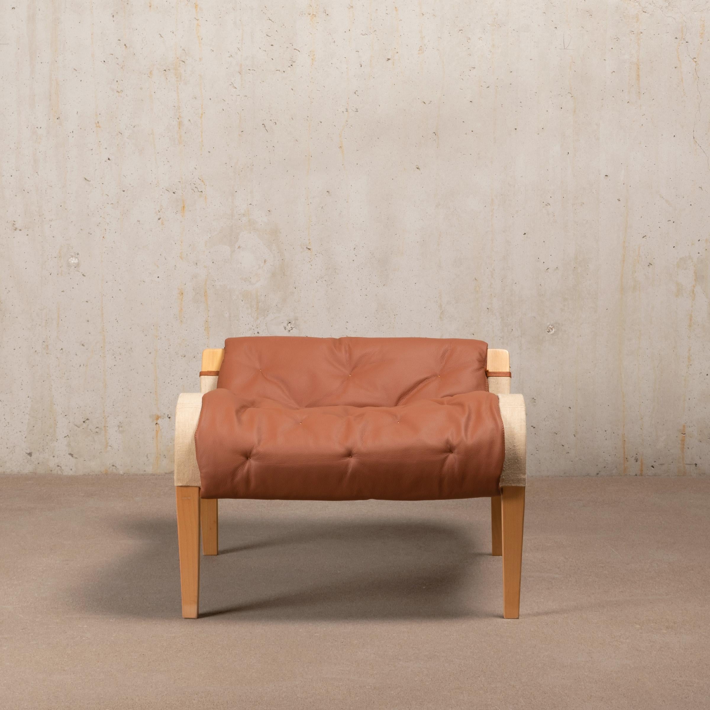 Bruno Mathsson Pernilla Easy Chair and Ottoman in Beech Wood and Brown Leather 4