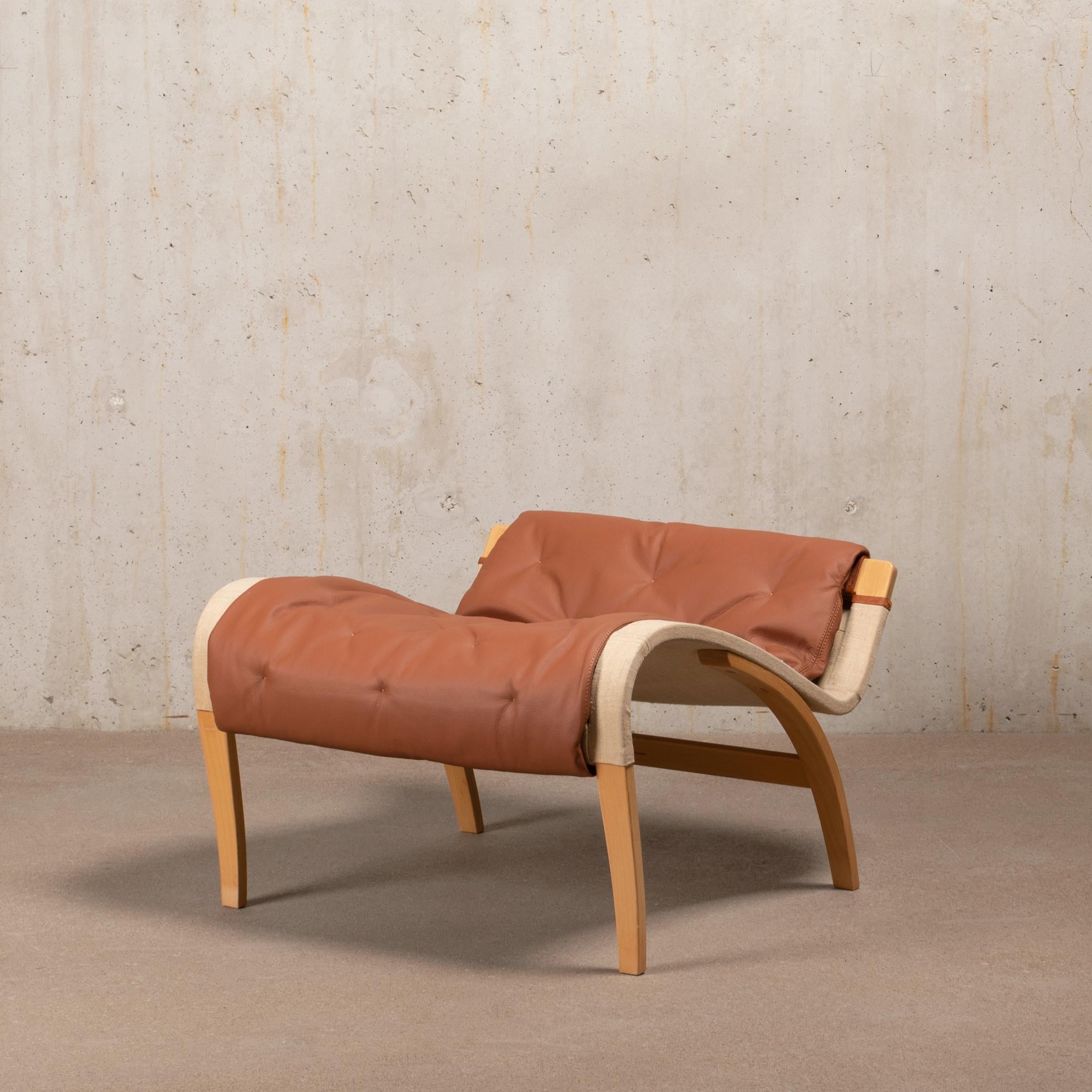 Bruno Mathsson Pernilla Easy Chair and Ottoman in Beech Wood and Brown Leather 5