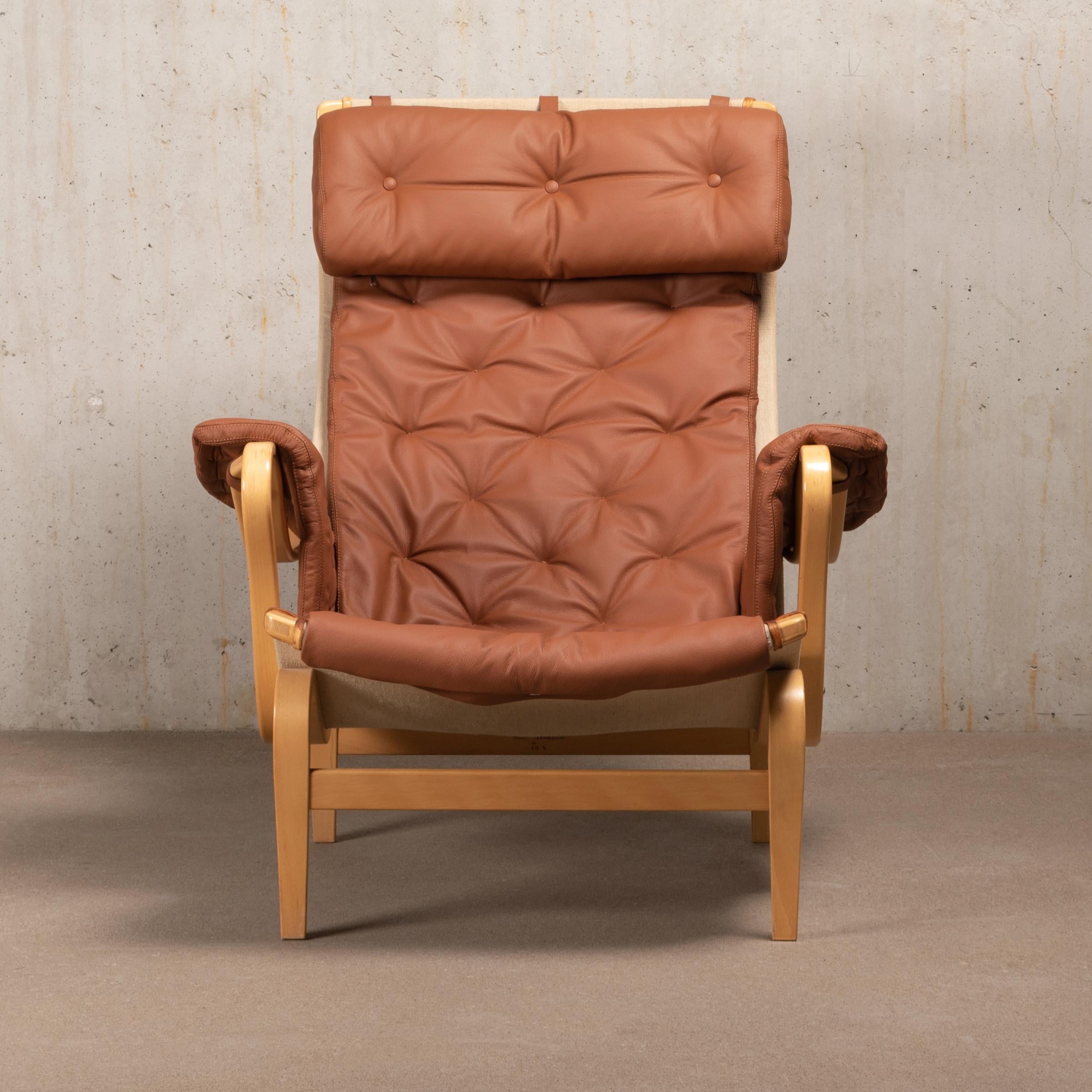 Scandinavian Modern Bruno Mathsson Pernilla Easy Chair and Ottoman in Beech Wood and Brown Leather