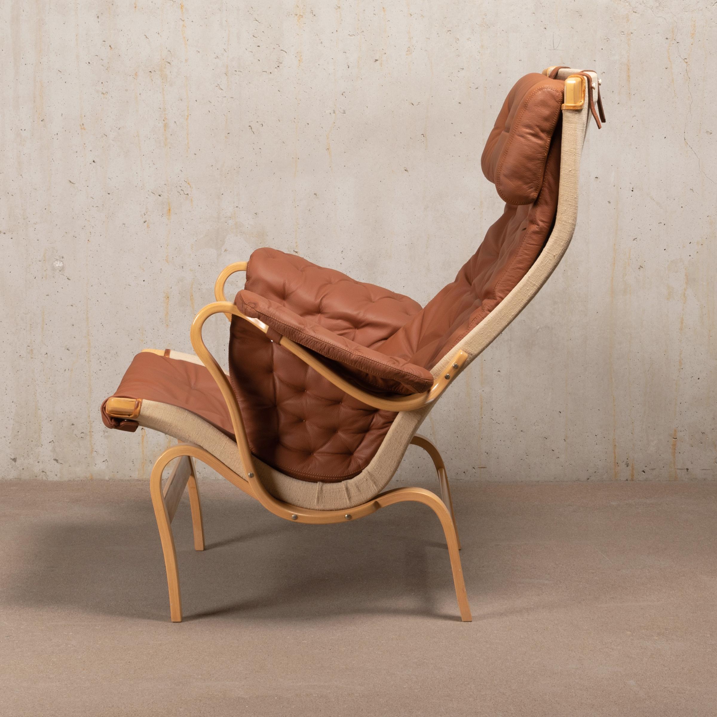 Swedish Bruno Mathsson Pernilla Easy Chair and Ottoman in Beech Wood and Brown Leather