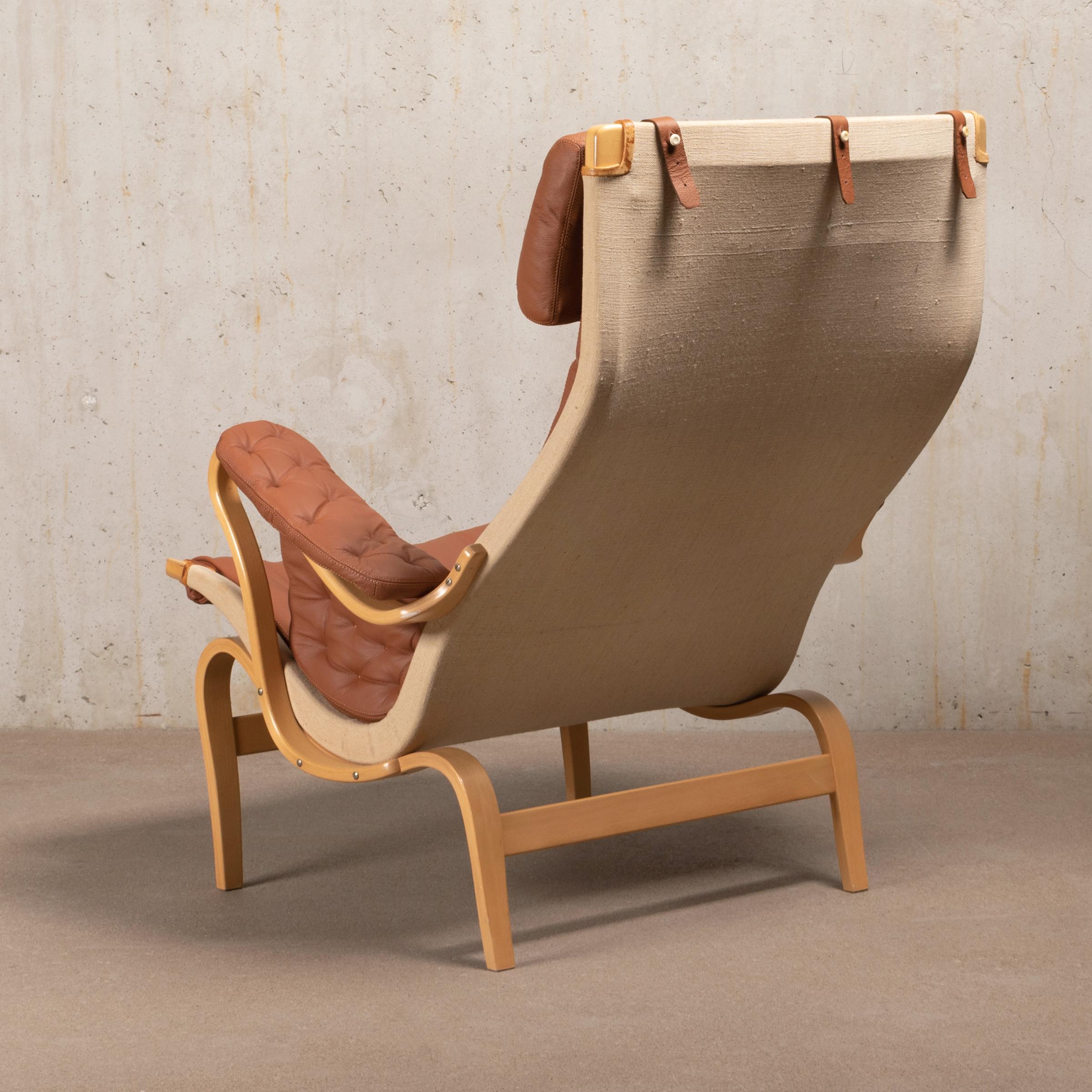 Molded Bruno Mathsson Pernilla Easy Chair and Ottoman in Beech Wood and Brown Leather