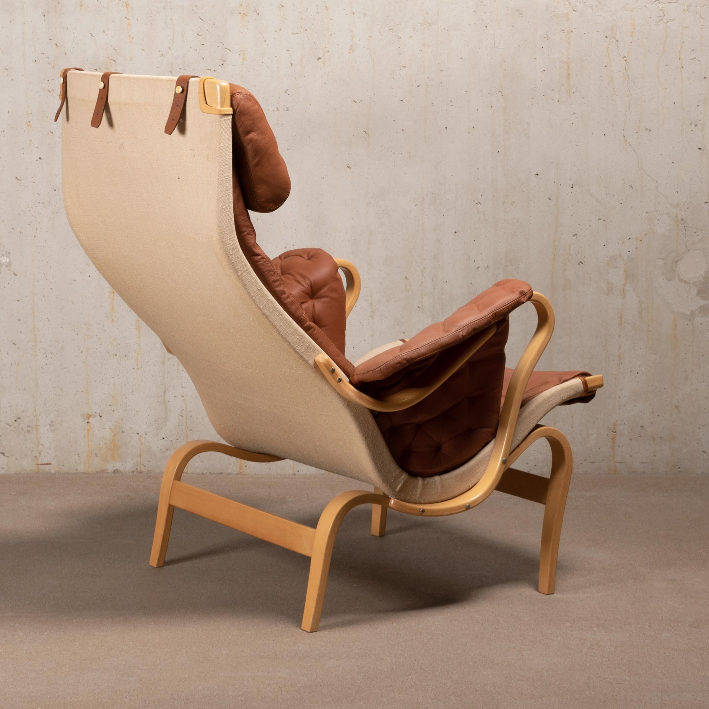 Mid-20th Century Bruno Mathsson Pernilla Easy Chair and Ottoman in Beech Wood and Brown Leather