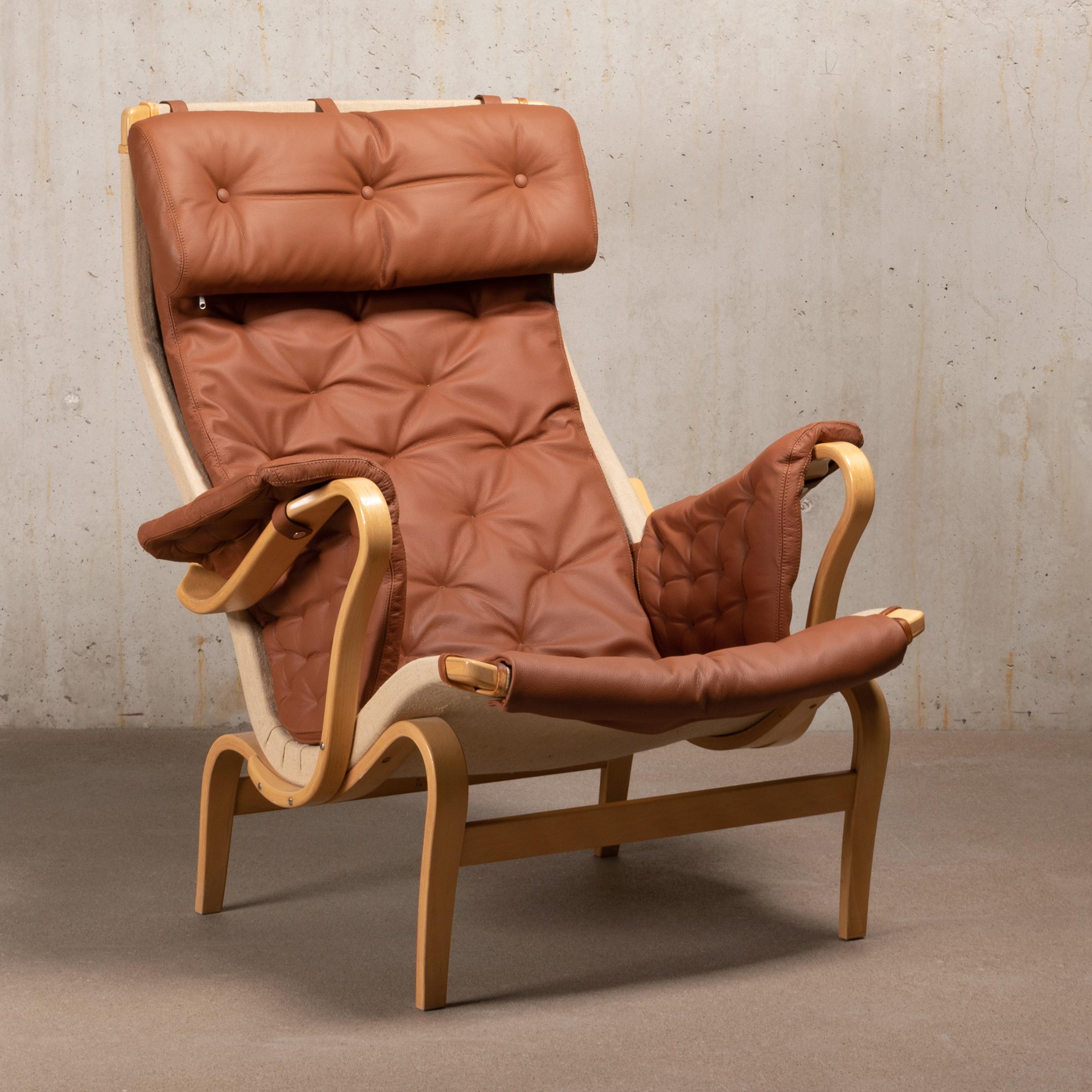 Bruno Mathsson Pernilla Easy Chair and Ottoman in Beech Wood and Brown Leather 1
