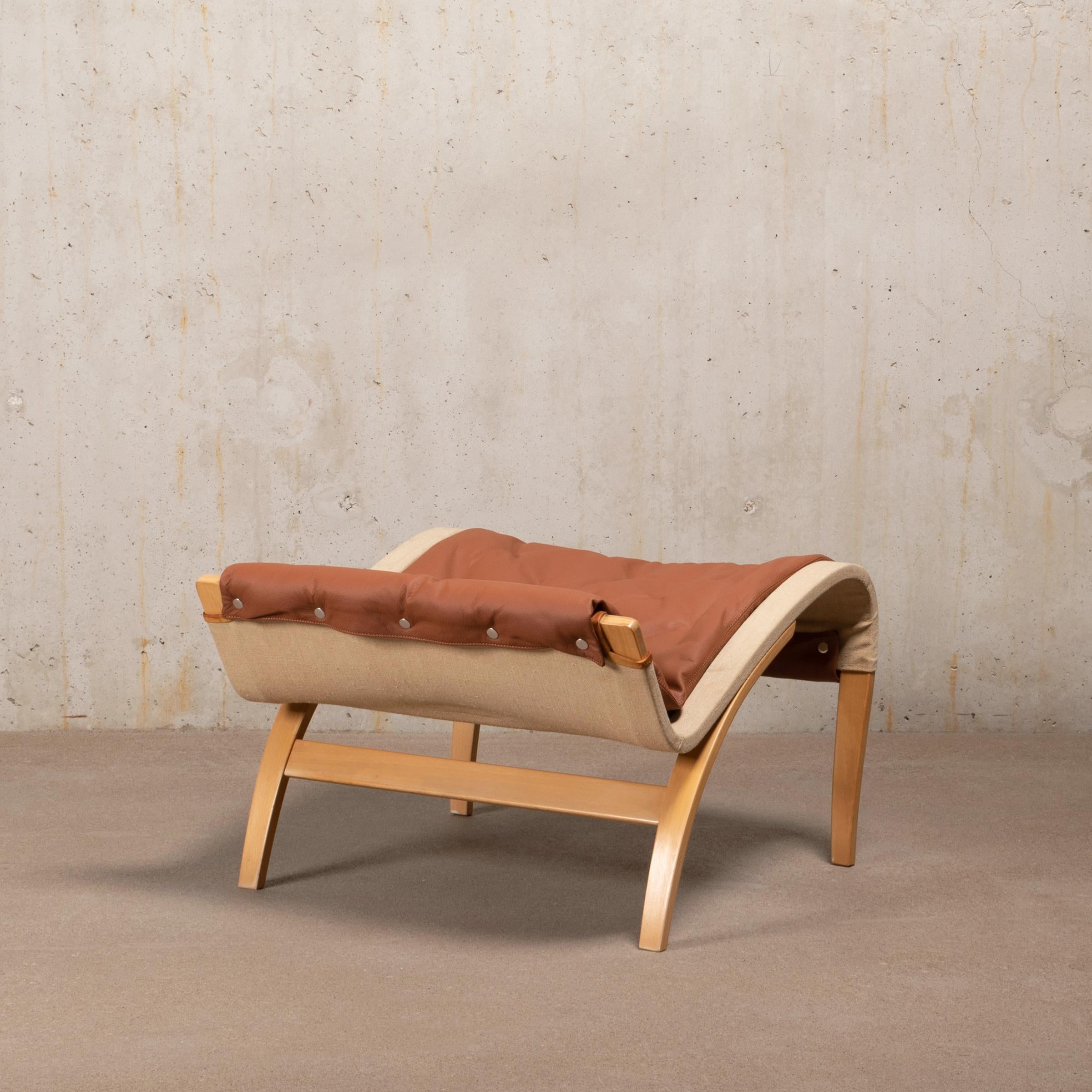 Bruno Mathsson Pernilla Easy Chair and Ottoman in Beech Wood and Brown Leather 2