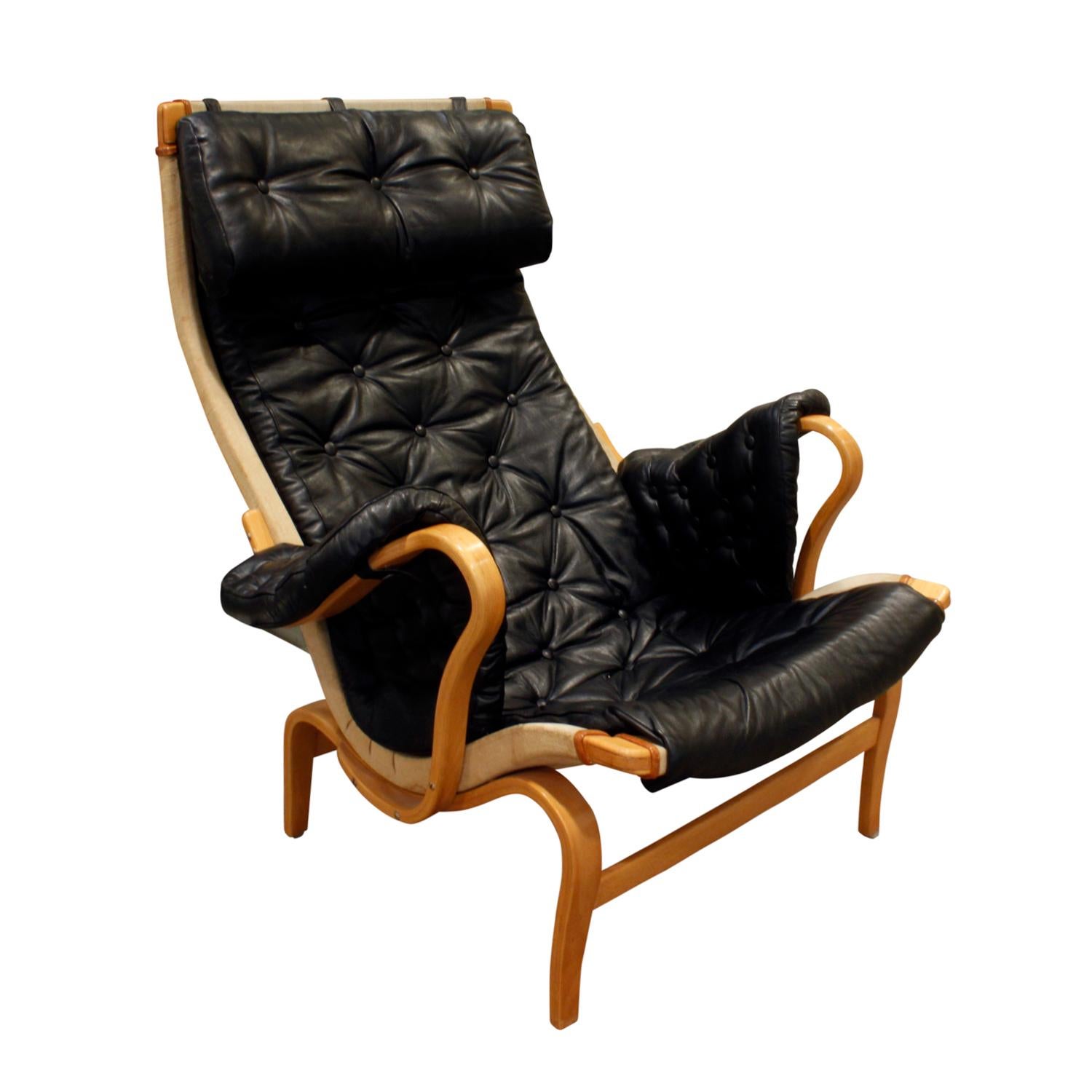 Bruno Mathsson "Pernilla Lounge Chair" with Tufted Black Leather 1969 'Signed'