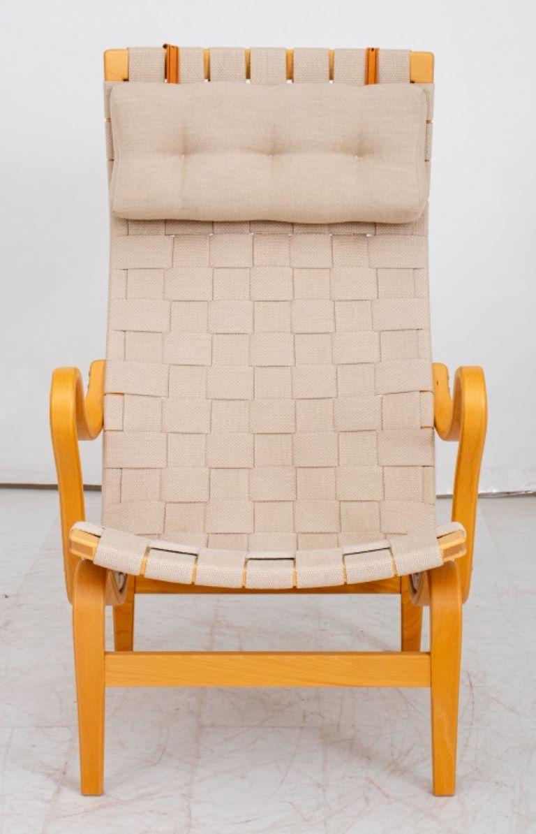Bruno Mathsson Pernilla Lounge Chair and Stool, beech wood and canvas webbing, both marked 