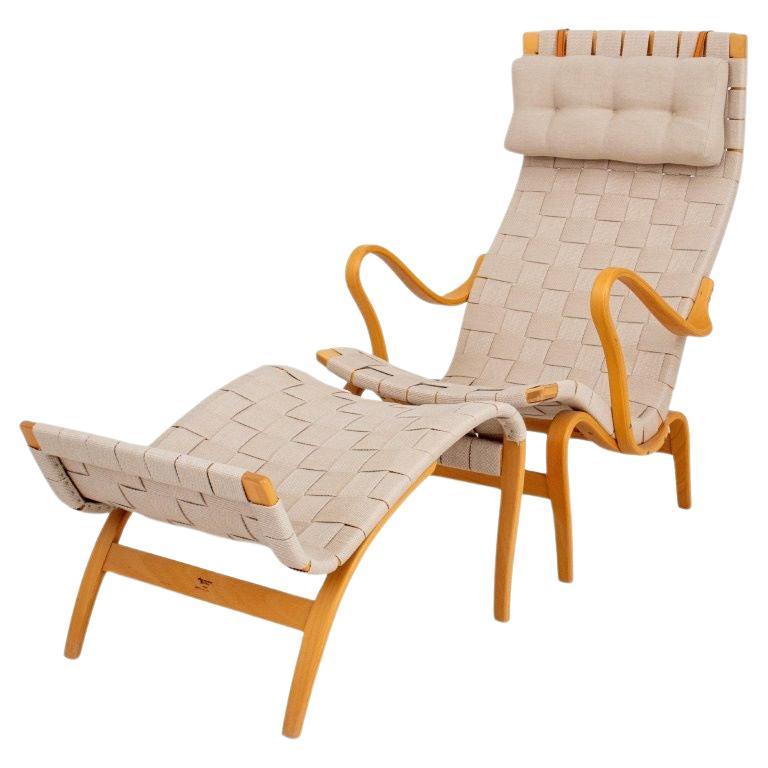 Bruno Mathsson Pernilla Lounge Chair and Stool For Sale