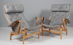 Bruno Mathsson Pernilla Lounge Chair, Grey Leather, Beech Frame, Sweden