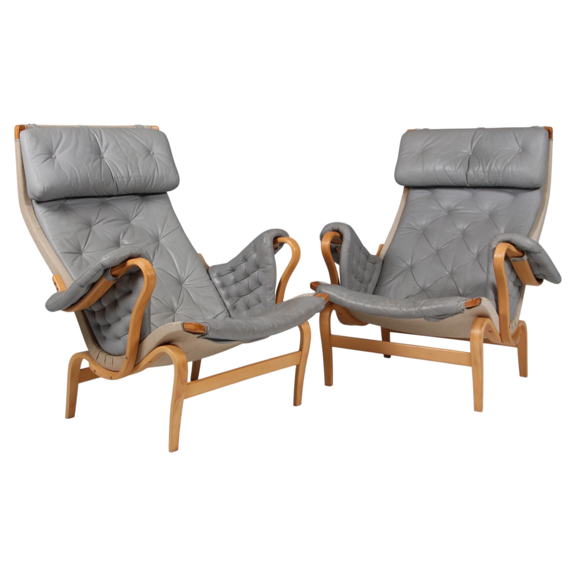 Bruno Mathsson Pernilla Lounge Chair, Grey Leather, Beech Frame, Sweden For Sale