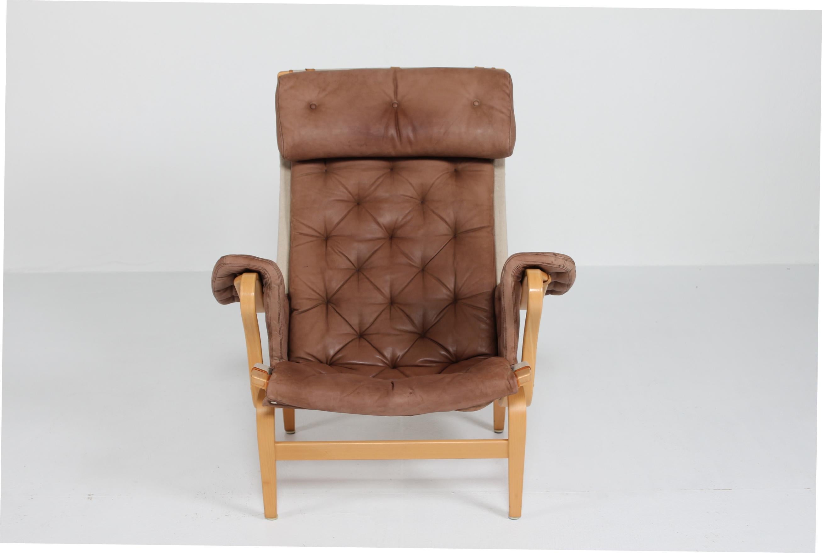 Mid-Century Modern Bruno Mathsson Pernilla Lounge Chair + Stool of Chocolate Leather for Dux 1970s
