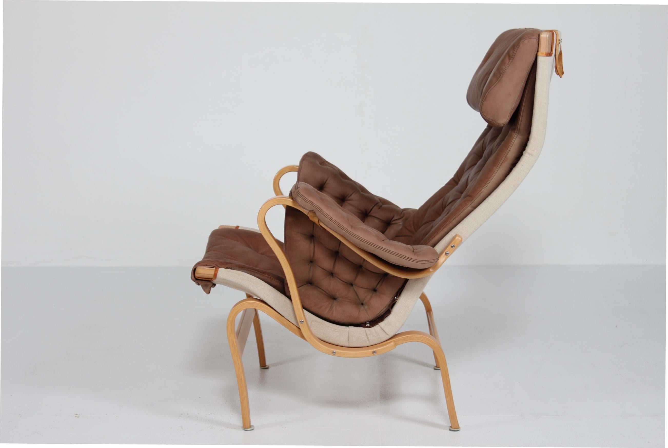 Swedish Bruno Mathsson Pernilla Lounge Chair + Stool of Chocolate Leather for Dux 1970s