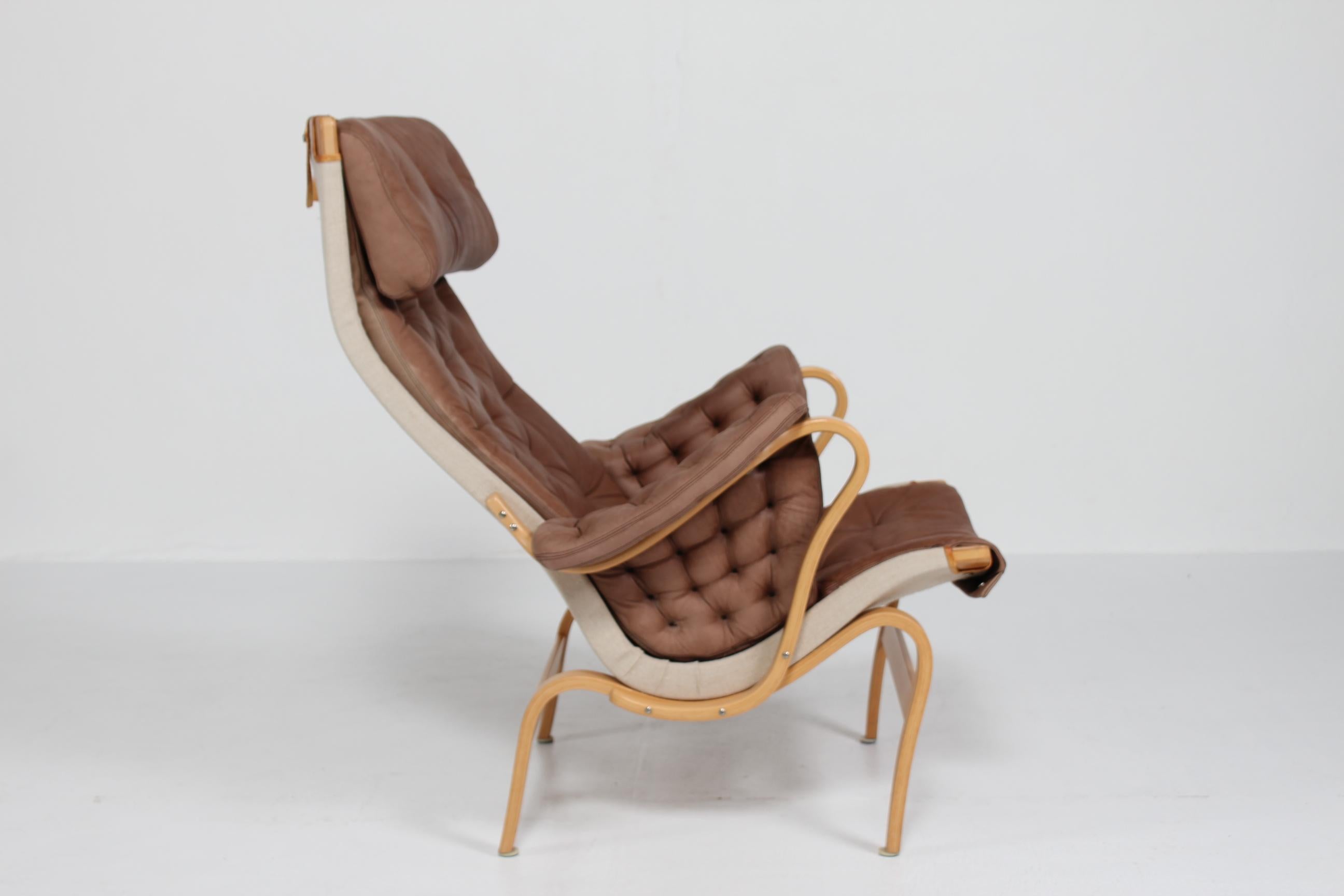 Late 20th Century Bruno Mathsson Pernilla Lounge Chair + Stool of Chocolate Leather for Dux 1970s