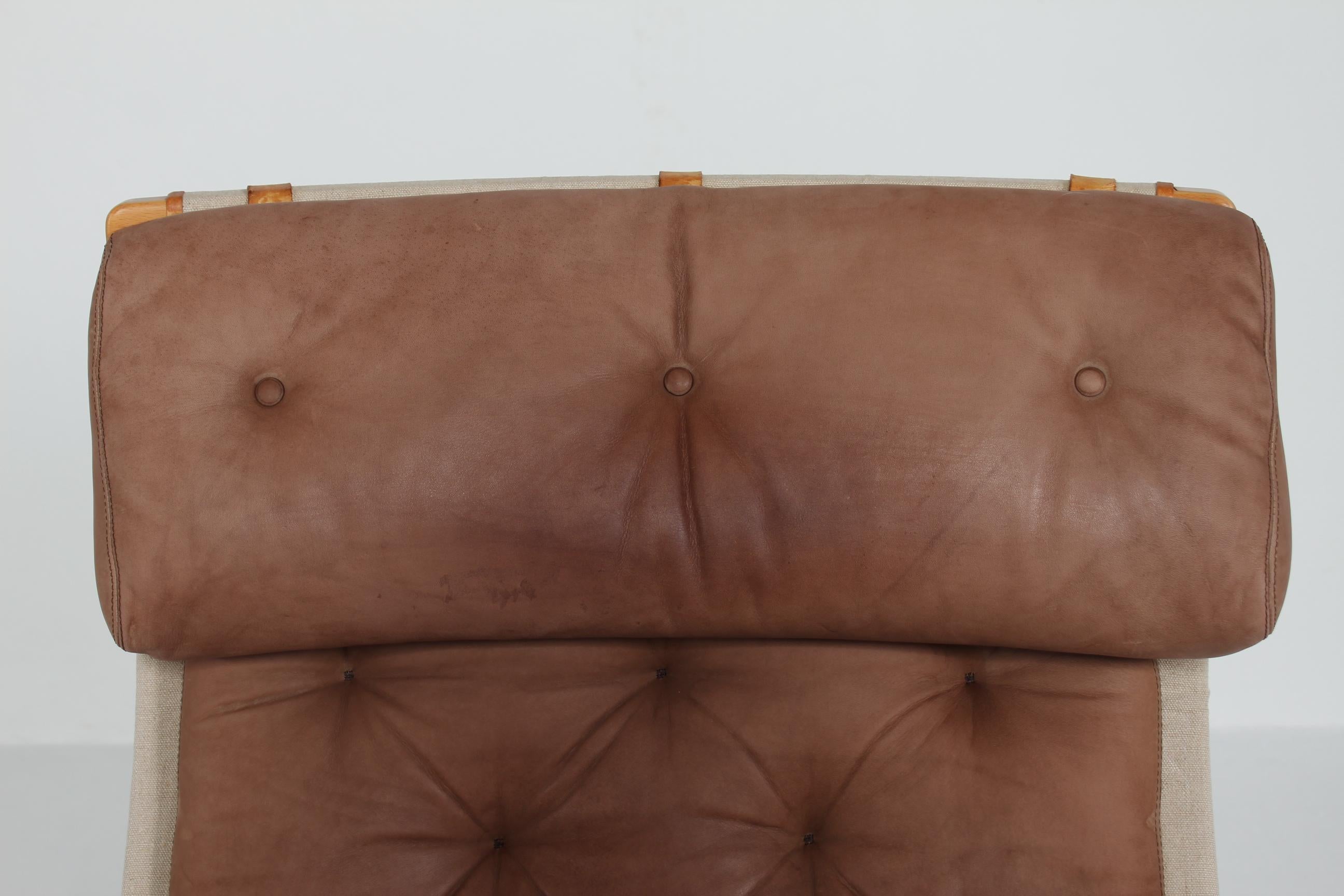 Bruno Mathsson Pernilla Lounge Chair + Stool of Chocolate Leather for Dux 1970s 1