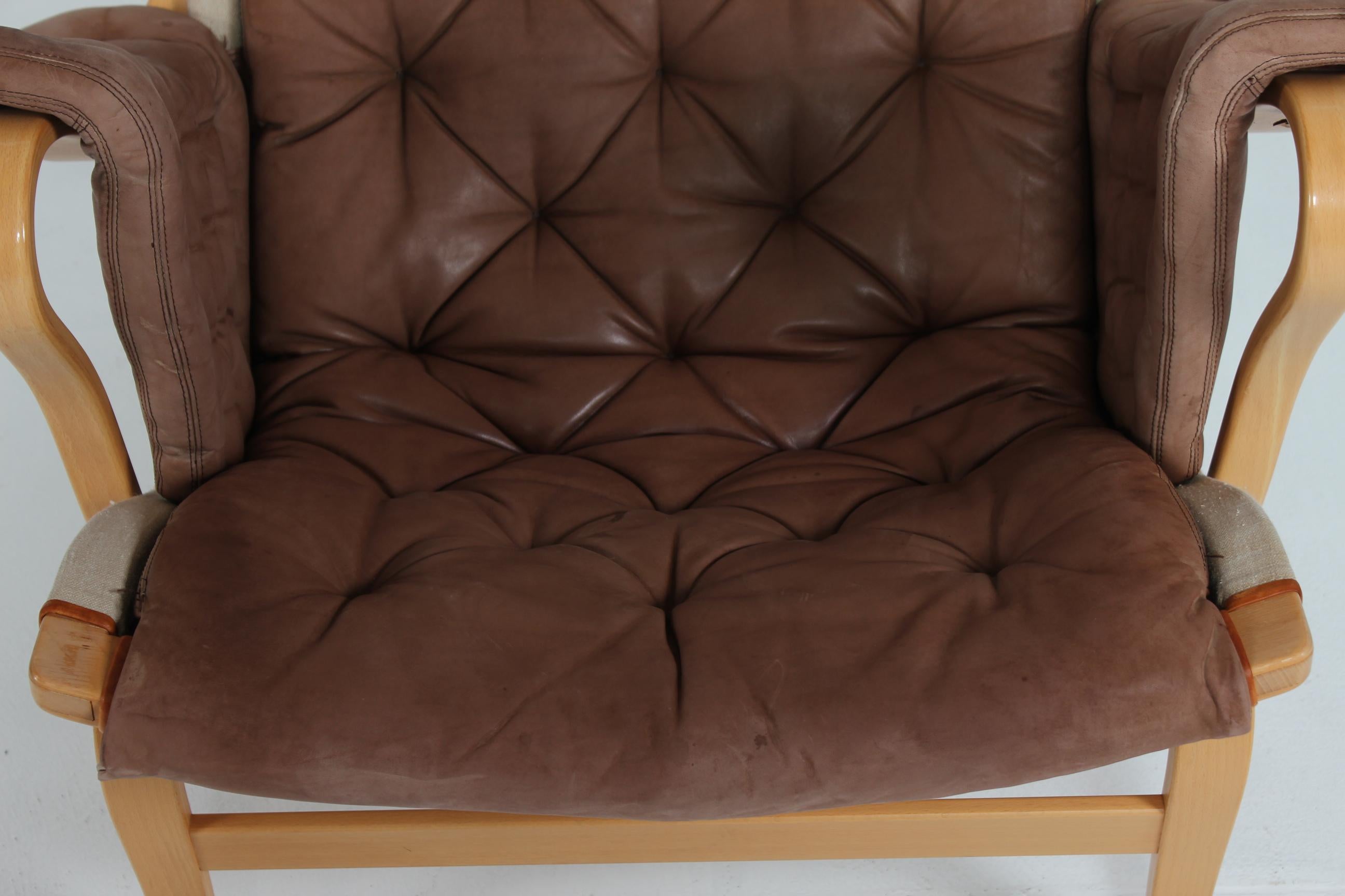 Bruno Mathsson Pernilla Lounge Chair + Stool of Chocolate Leather for Dux 1970s 2