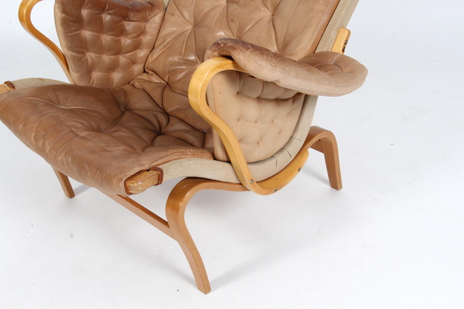 Mid-Century Modern Bruno Mathsson Pernilla Lounge Chair with Nature Leather Cushions