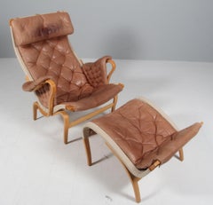 Bruno Mathsson Pernilla Lounge Chair with Ottoman, in patinated leather