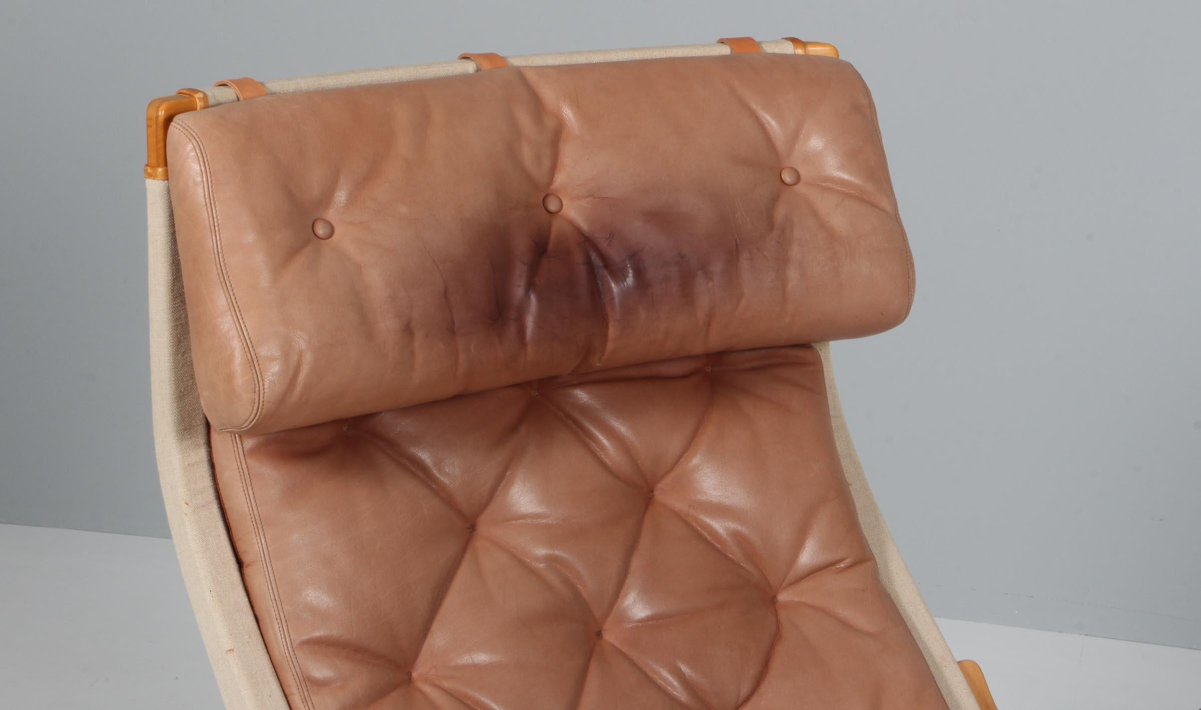 Mid-Century Modern Bruno Mathsson Pernilla Lounge Chair with Ottoman, in patinated leather For Sale