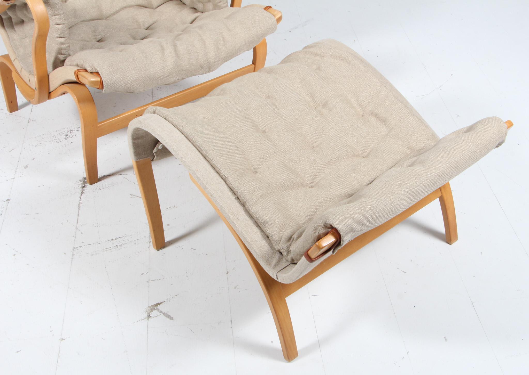 Mid-Century Modern Bruno Mathsson Pernilla Lounge Chair with Ottoman, new canvas