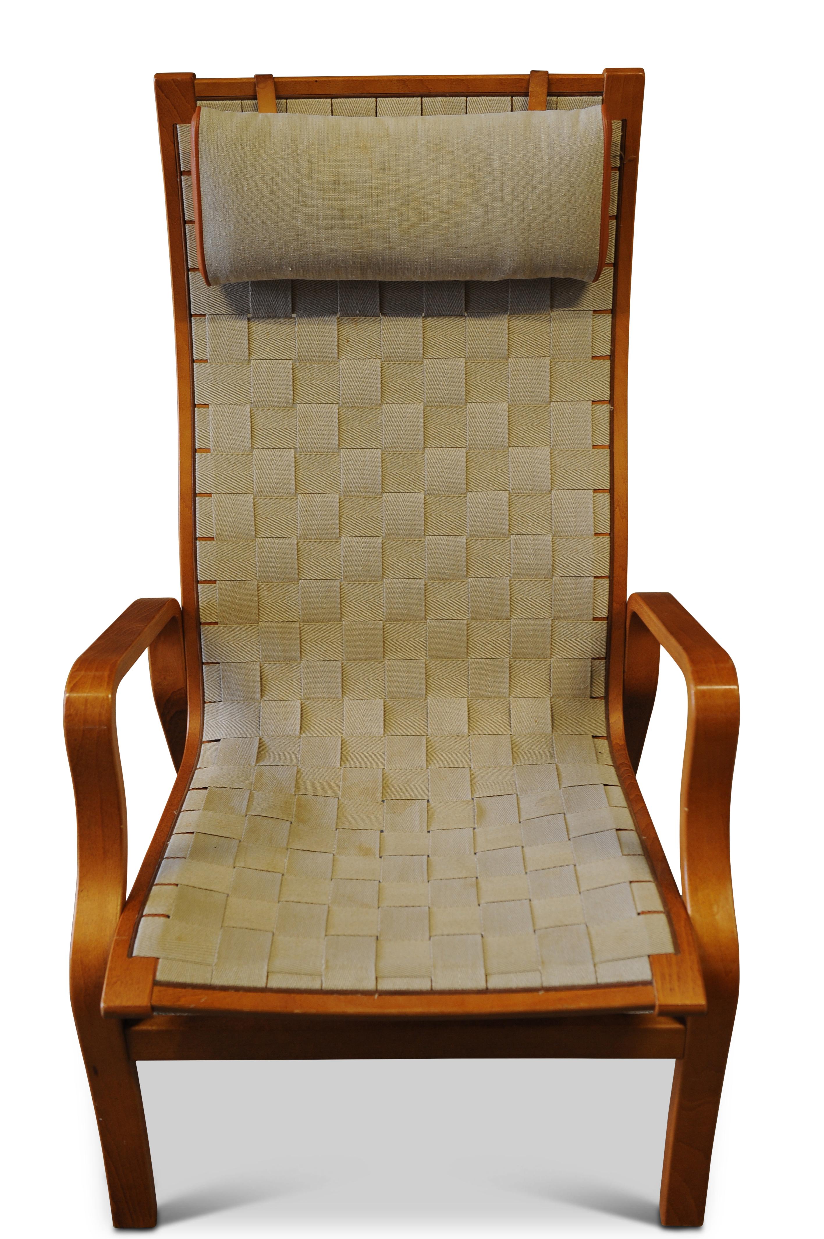 European Bruno Mathsson Style Chair with Woven Strap Upholstery & Beech Bentwood Frame For Sale