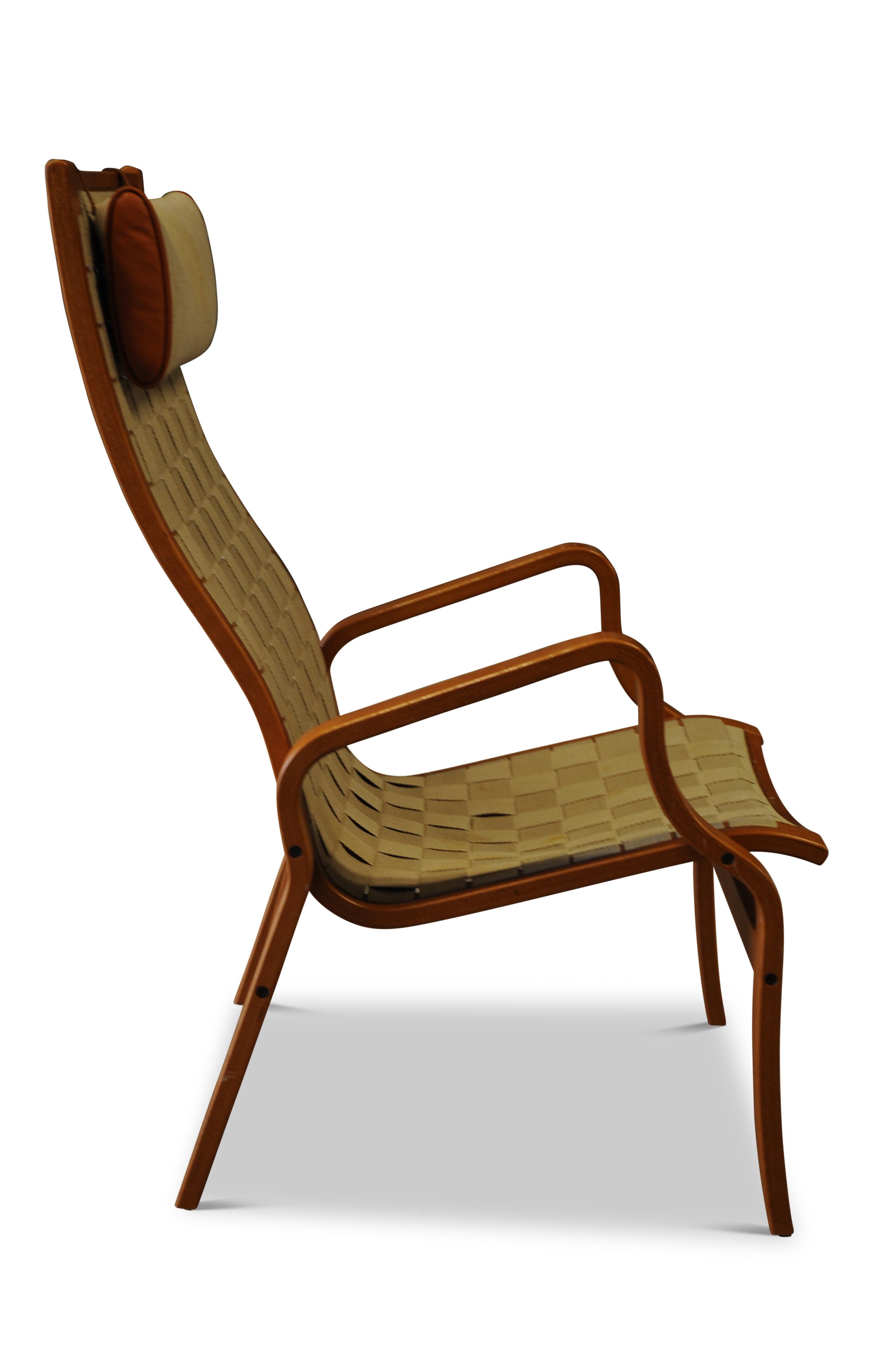 Late 20th Century Bruno Mathsson Style Chair with Woven Strap Upholstery & Beech Bentwood Frame For Sale
