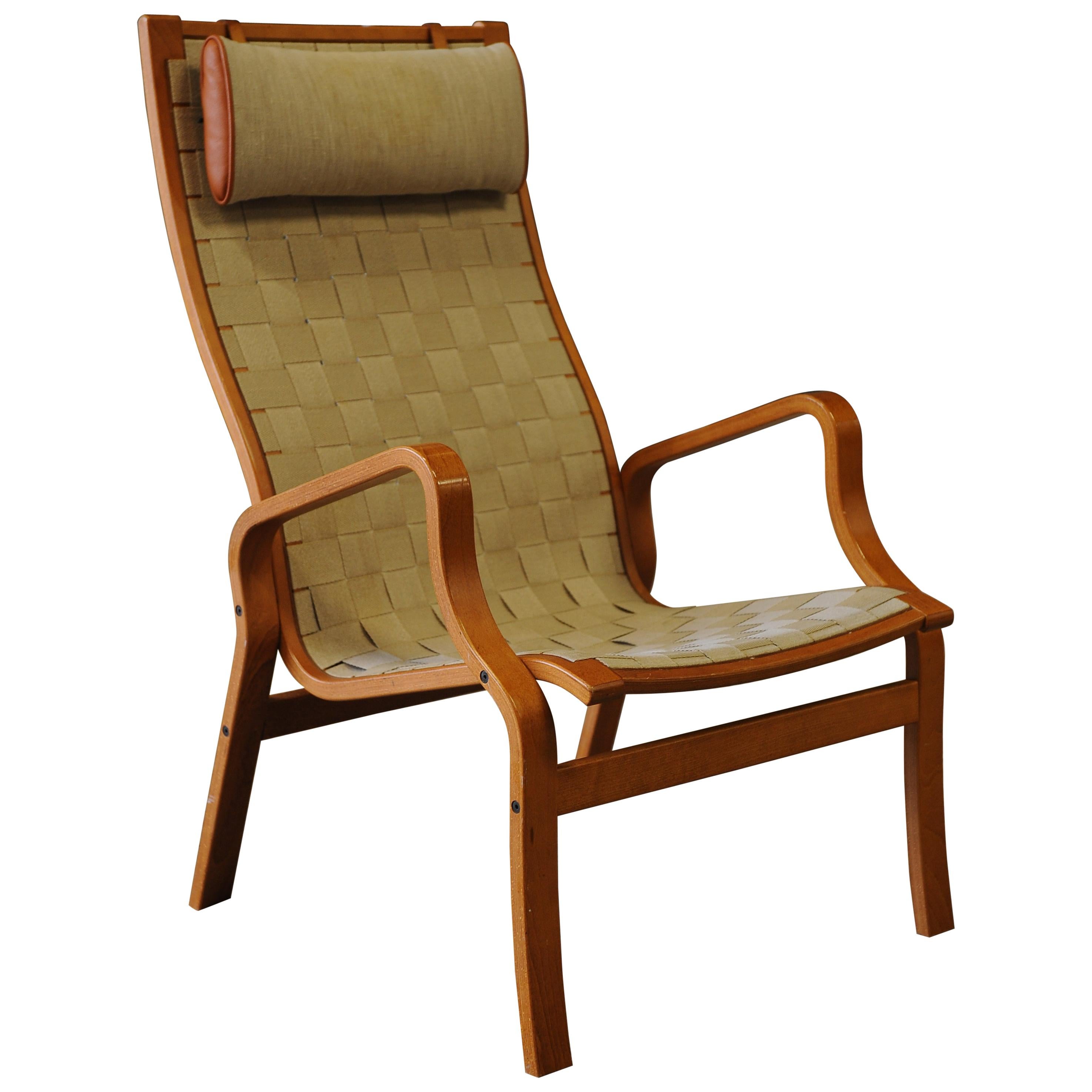Bruno Mathsson Style Chair with Woven Strap Upholstery & Beech Bentwood Frame For Sale