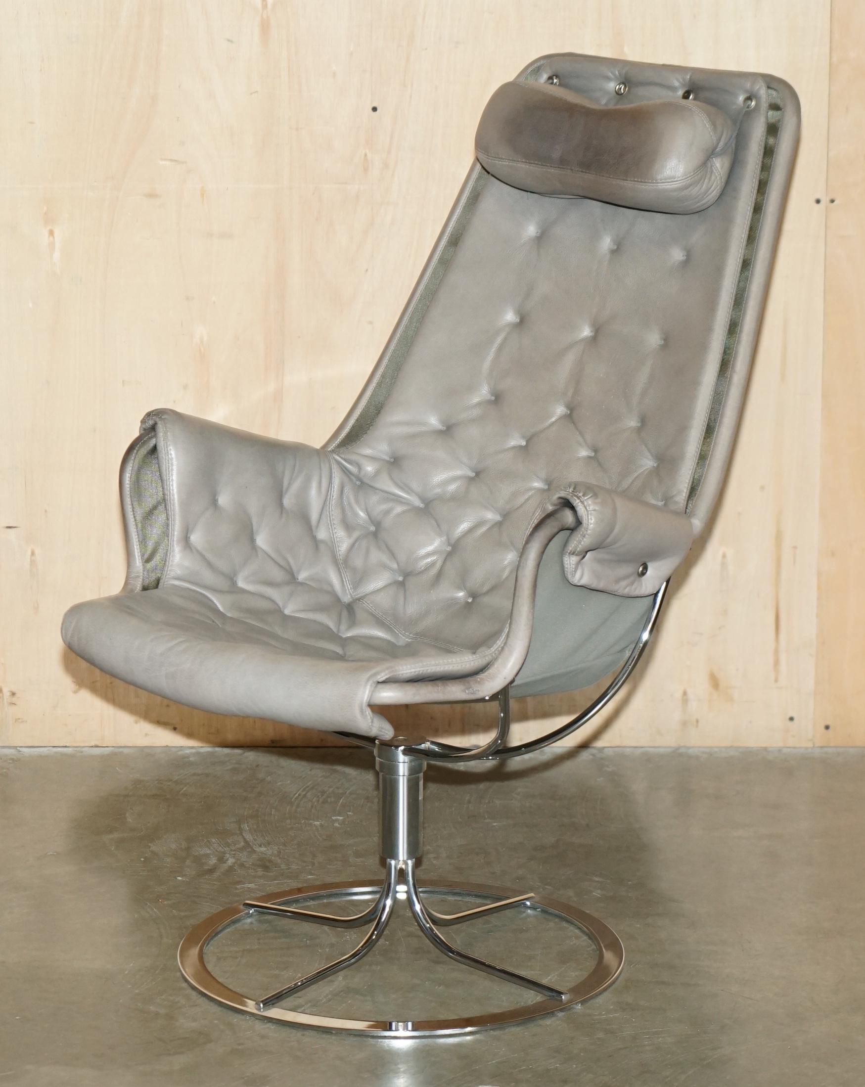Mid-Century Modern Bruno Mathsson SWEDiSH DUXIANA JETSON ARMCHAIR SWIVEL EN CUIR GRIS en vente