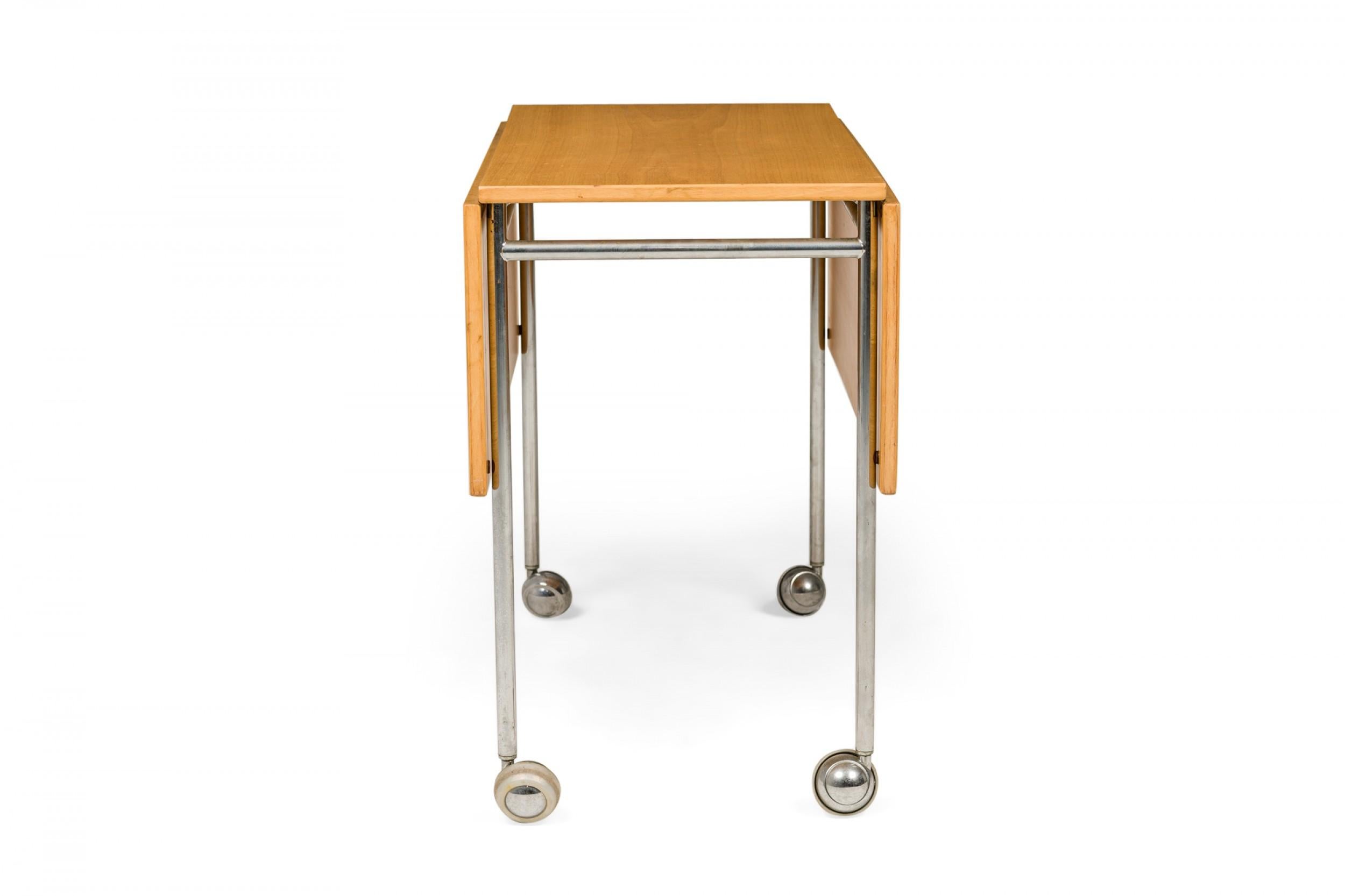 Mid-Century Modern Bruno Mathsson Swedish Mid-Century Drop Leaf Wood and Steel Rolling Work Table For Sale