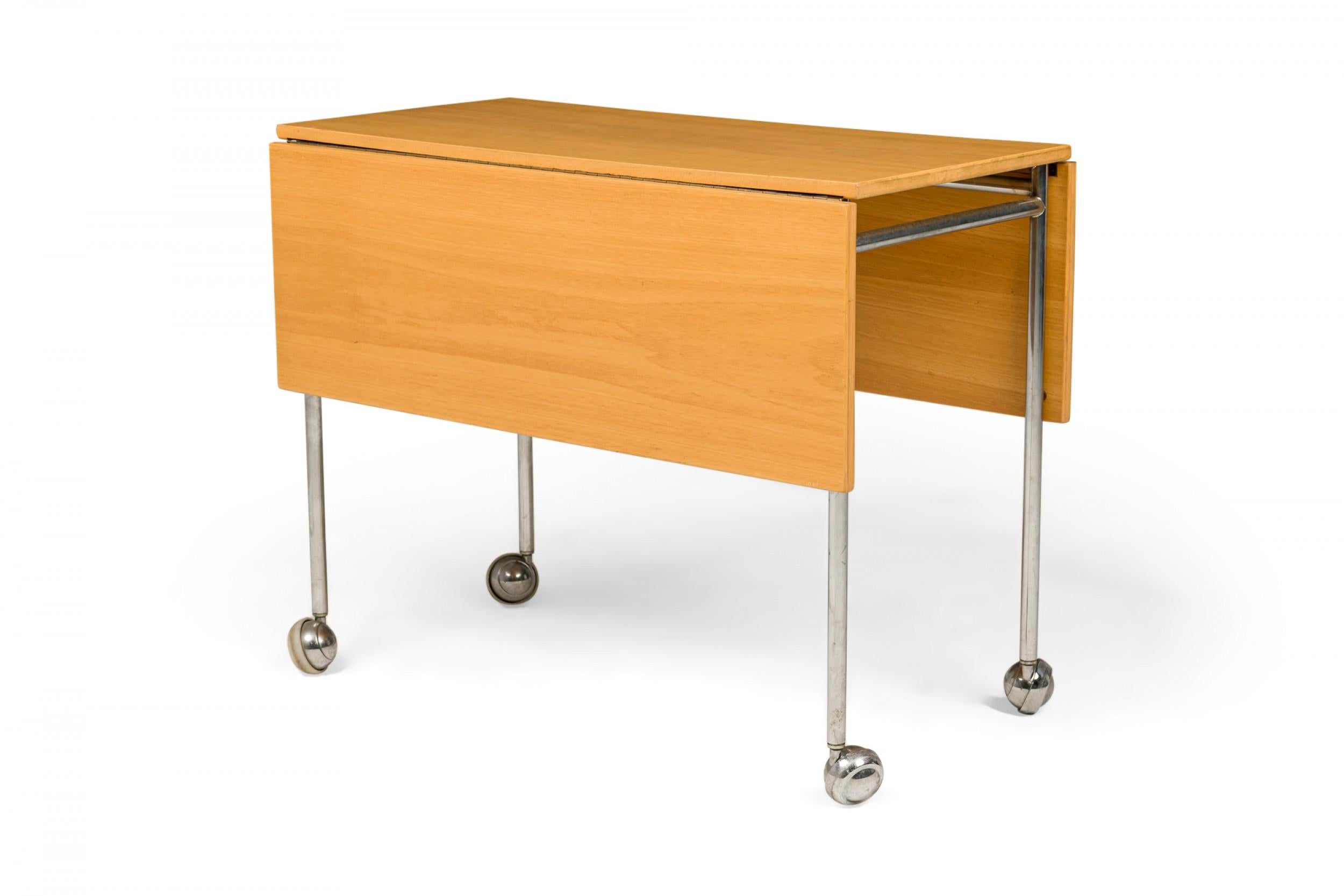 20th Century Bruno Mathsson Swedish Mid-Century Drop Leaf Wood and Steel Rolling Work Table For Sale
