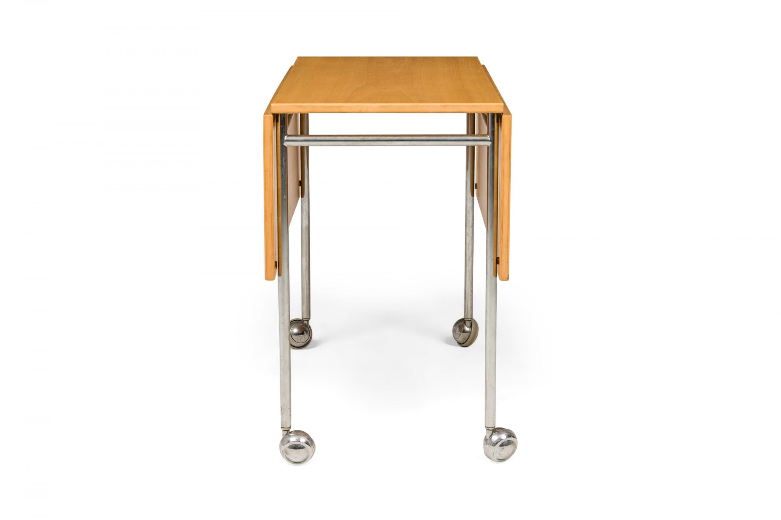 Metal Bruno Mathsson Swedish Mid-Century Drop Leaf Wood and Steel Rolling Work Table For Sale